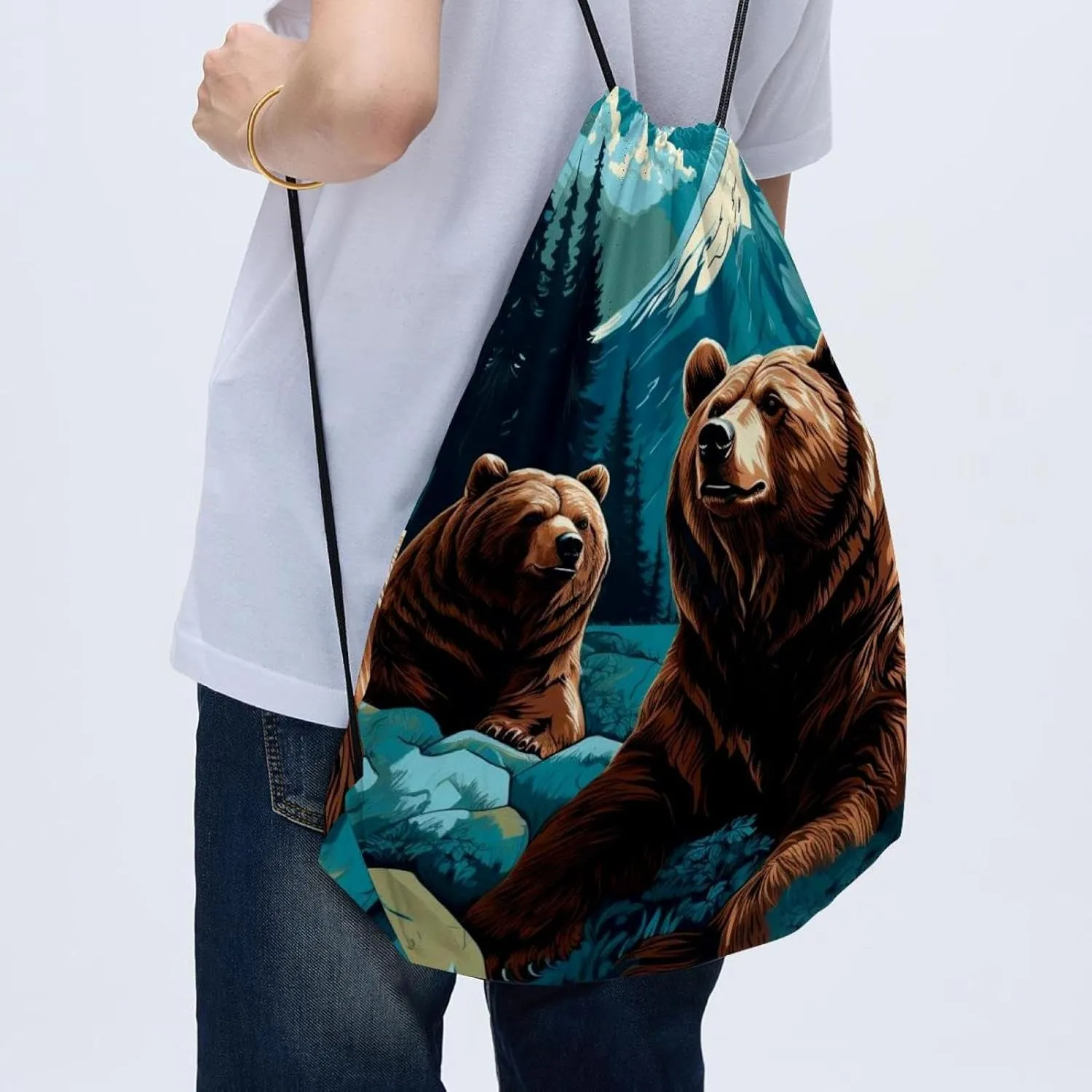 2 Pcs Bear Drawstring Backpack Drawstring Gym Bag Draw String Bag for Sports, Gym, Travel, Swimming, Beach