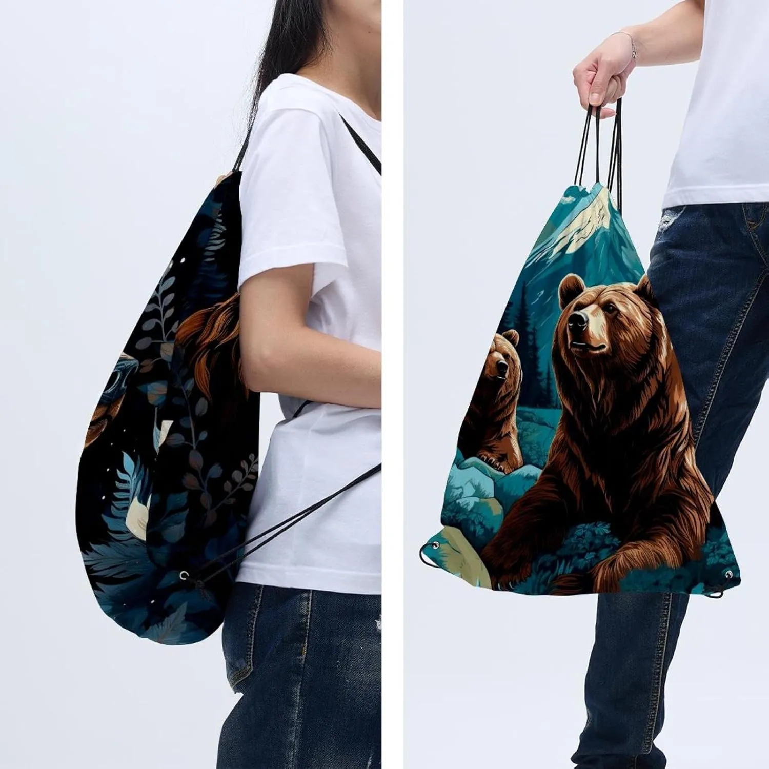 2 Pcs Bear Drawstring Backpack Drawstring Gym Bag Draw String Bag for Sports, Gym, Travel, Swimming, Beach
