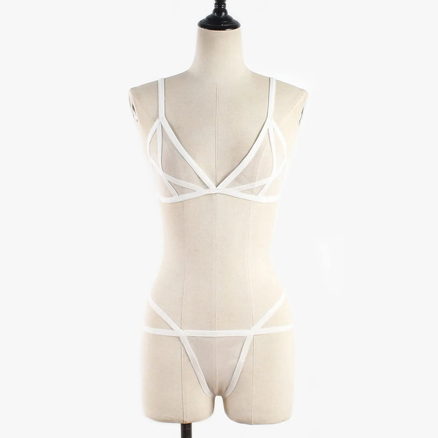 2 Piece Lingerie Sets for Women Sexy Mesh Halter Bralette and Hollow Out Panty Set See Through Breathable Sleepwears