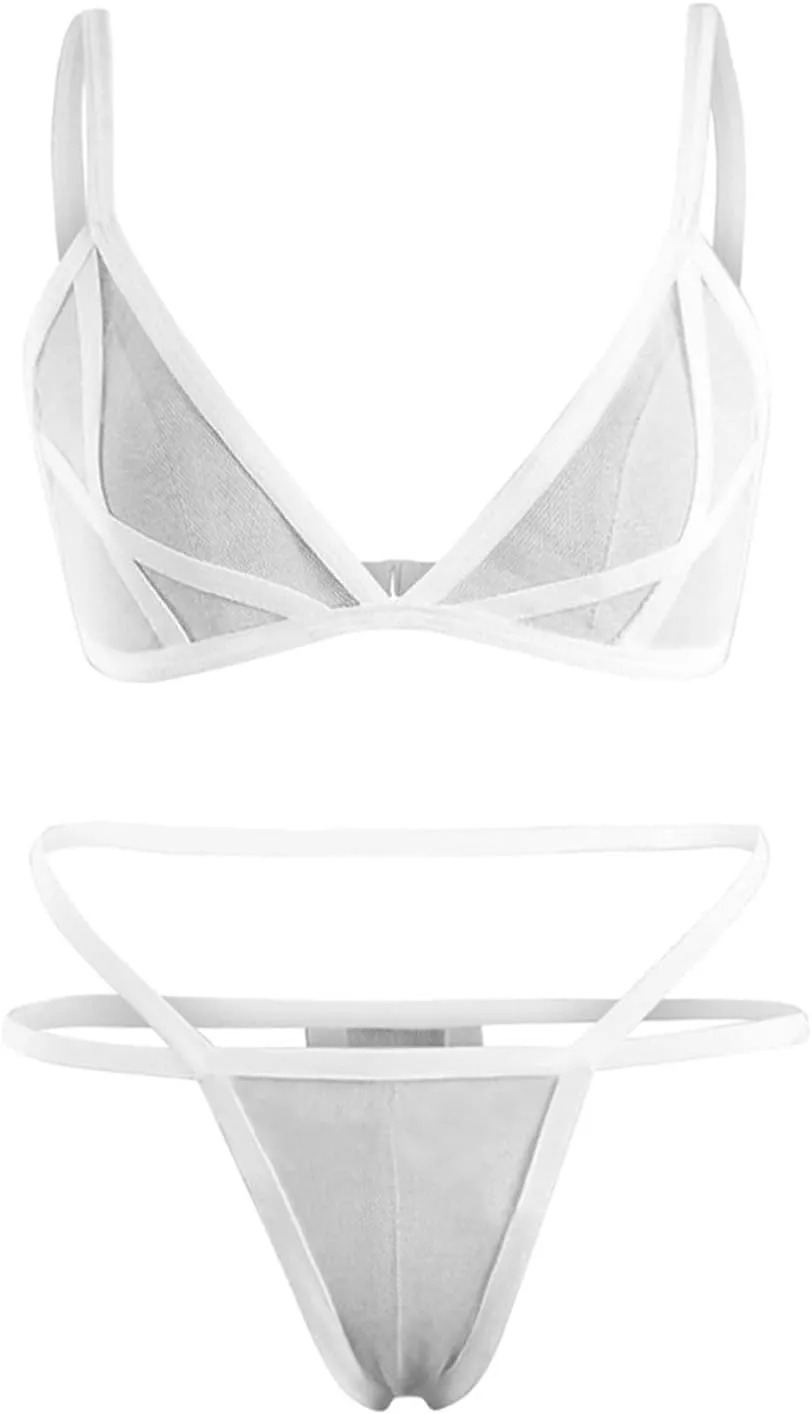2 Piece Lingerie Sets for Women Sexy Mesh Halter Bralette and Hollow Out Panty Set See Through Breathable Sleepwears