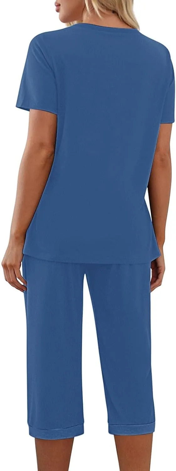 2 Piece Pajama Set For Women Summer Sleepwear Set V Neck Short Sleeve Tops With Capri Pant Lounge Pjs With Pocket
