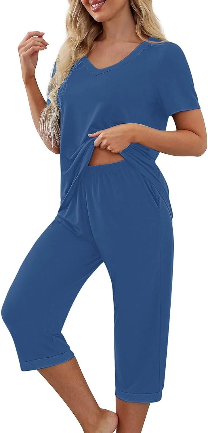 2 Piece Pajama Set For Women Summer Sleepwear Set V Neck Short Sleeve Tops With Capri Pant Lounge Pjs With Pocket