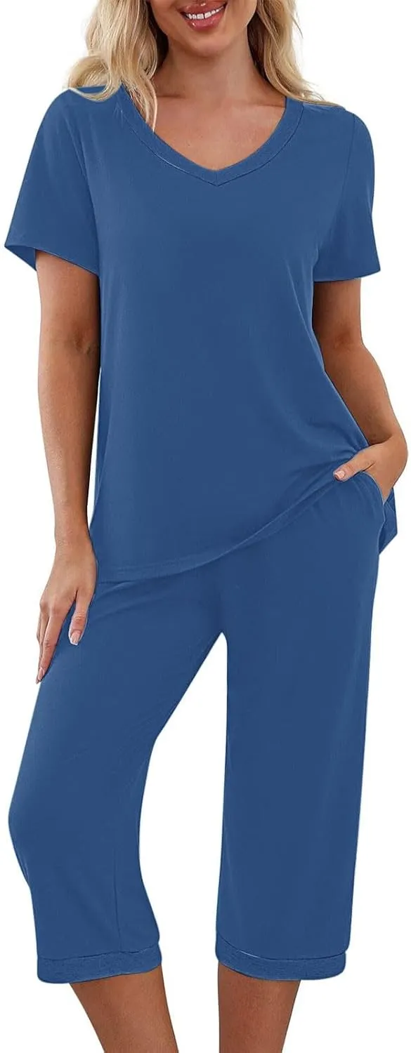 2 Piece Pajama Set For Women Summer Sleepwear Set V Neck Short Sleeve Tops With Capri Pant Lounge Pjs With Pocket