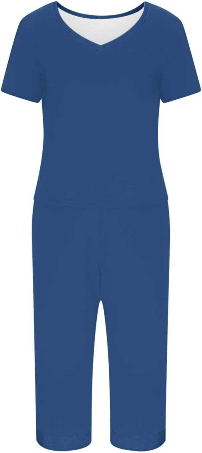 2 Piece Pajama Set For Women Summer Sleepwear Set V Neck Short Sleeve Tops With Capri Pant Lounge Pjs With Pocket