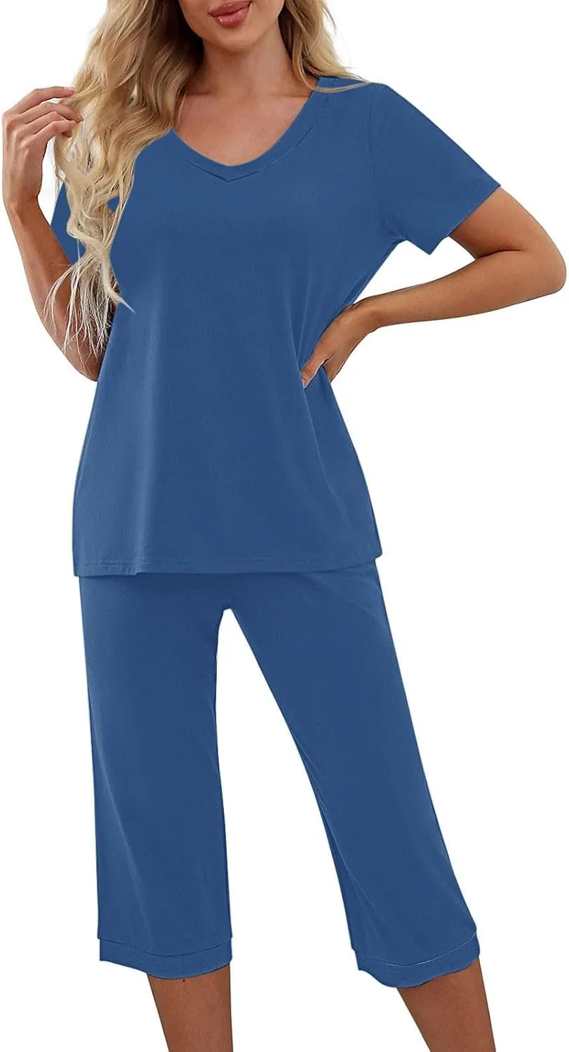 2 Piece Pajama Set For Women Summer Sleepwear Set V Neck Short Sleeve Tops With Capri Pant Lounge Pjs With Pocket