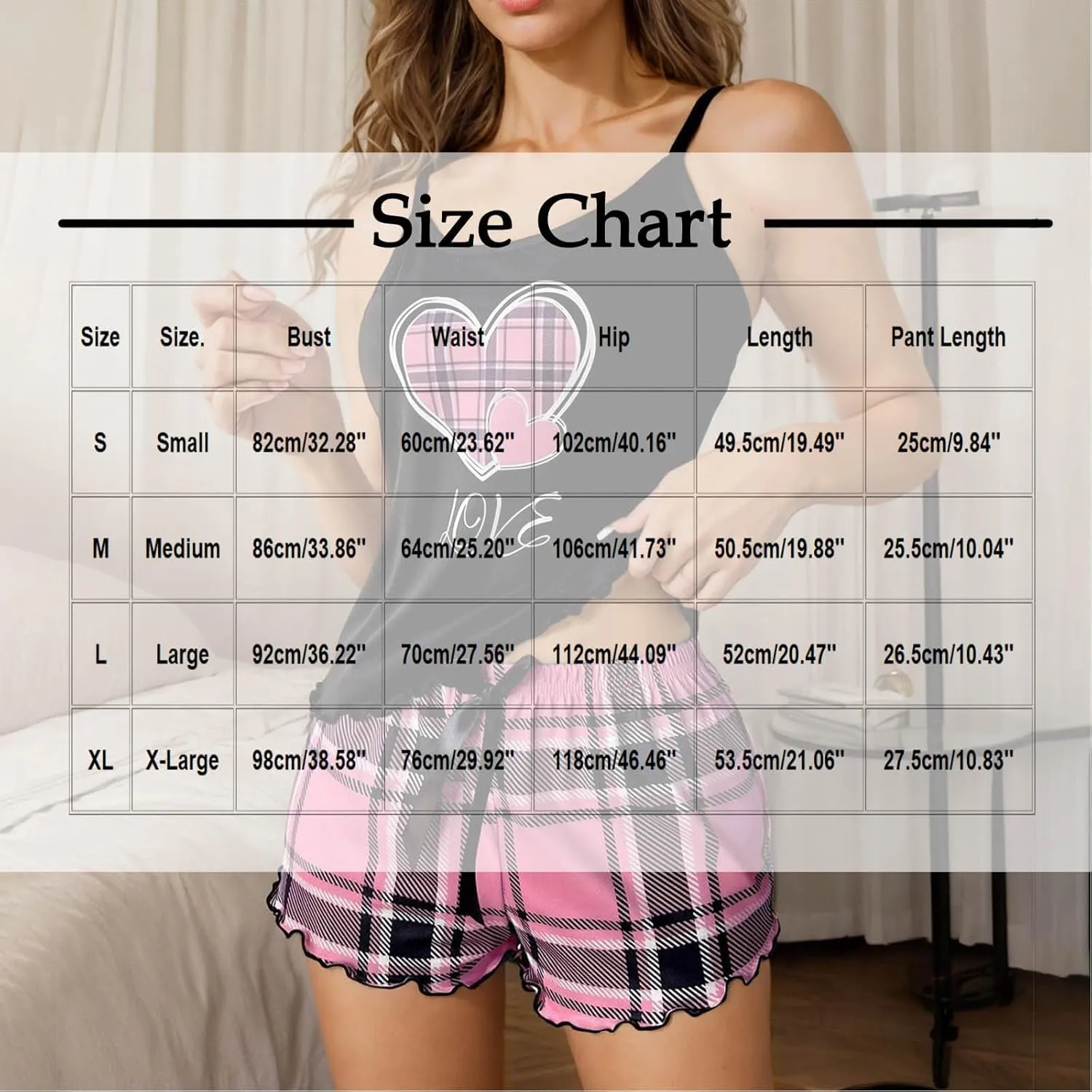 2 Piece Women's Love Heart Print Pajama Sets, Summer Sleeveless Cami and Shorts Set Comfy Casual Loungewear Sleepwear