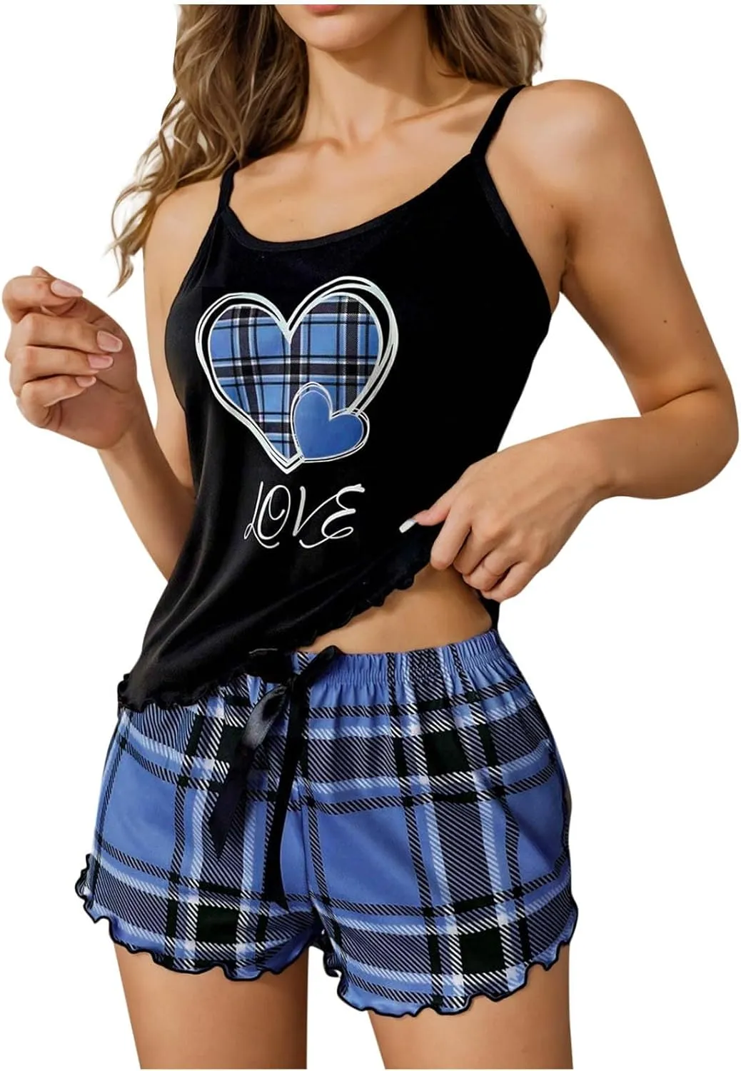 2 Piece Women's Love Heart Print Pajama Sets, Summer Sleeveless Cami and Shorts Set Comfy Casual Loungewear Sleepwear