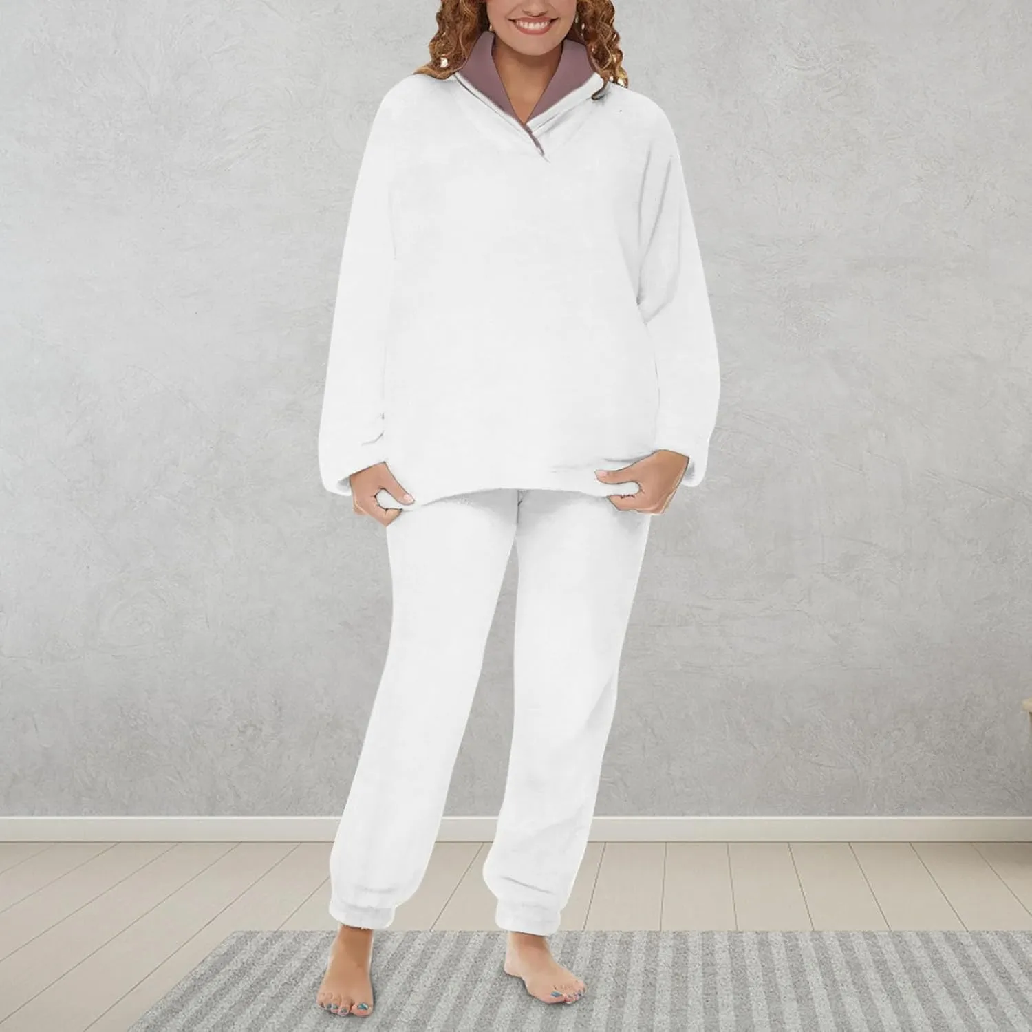 2024 Women Flannel Pajama Sets Cozy Warm 2 Piece Lounge Set Long Sleeve Hooded Tops Soft Pants Sleepwear