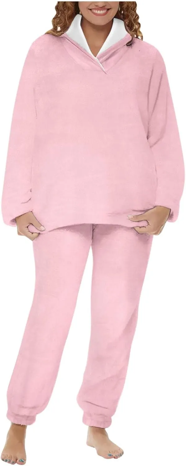 2024 Women Flannel Pajama Sets Cozy Warm 2 Piece Lounge Set Long Sleeve Hooded Tops Soft Pants Sleepwear