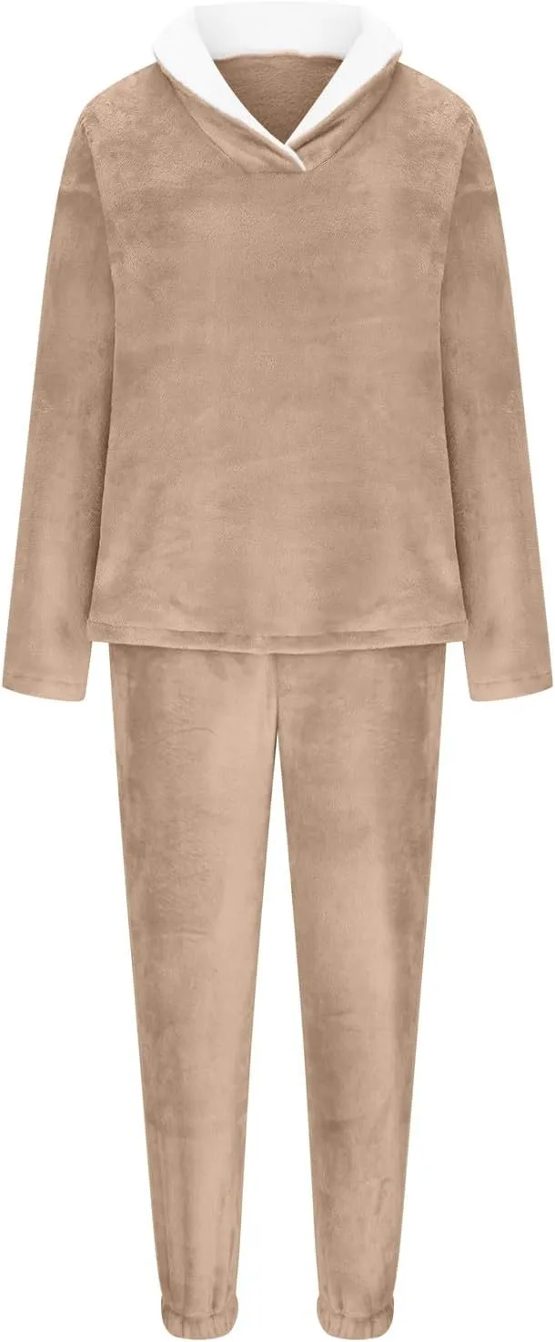 2024 Women Flannel Pajama Sets Cozy Warm 2 Piece Lounge Set Long Sleeve Hooded Tops Soft Pants Sleepwear