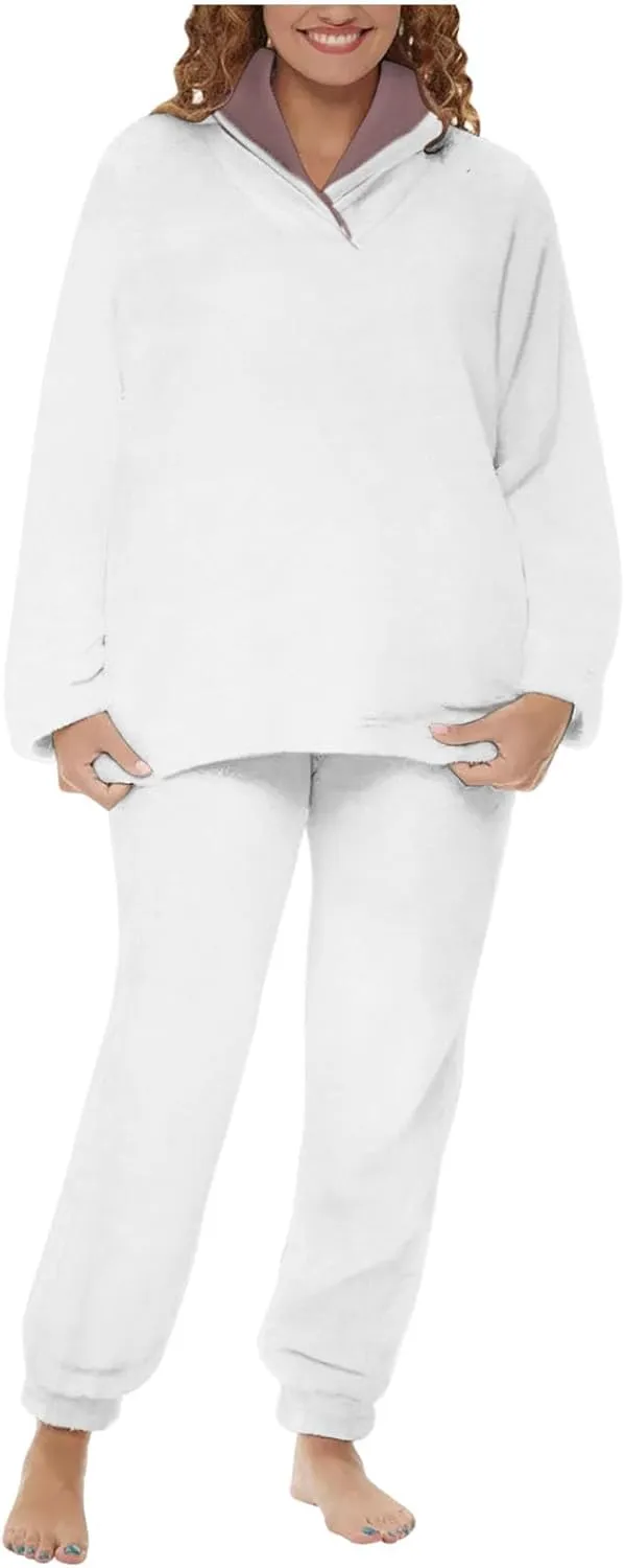 2024 Women Flannel Pajama Sets Cozy Warm 2 Piece Lounge Set Long Sleeve Hooded Tops Soft Pants Sleepwear