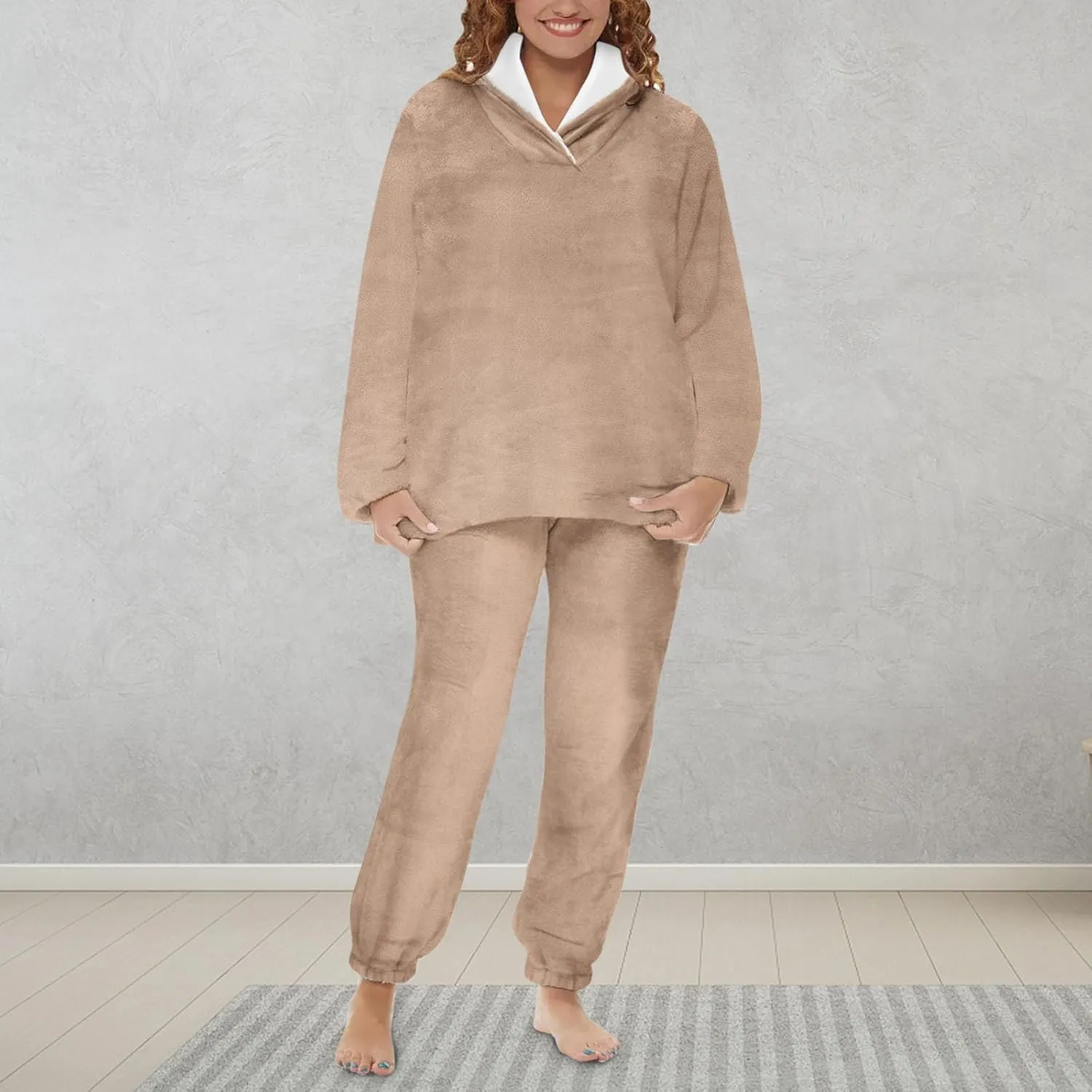 2024 Women Flannel Pajama Sets Cozy Warm 2 Piece Lounge Set Long Sleeve Hooded Tops Soft Pants Sleepwear