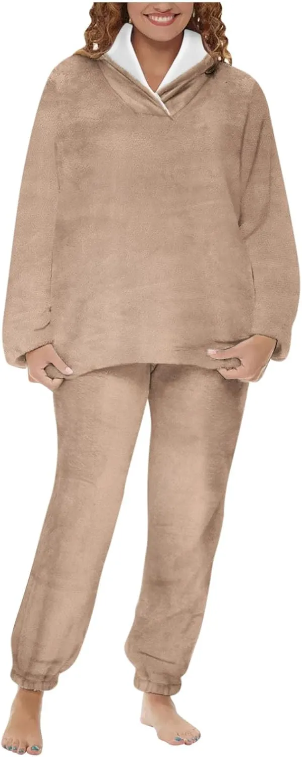 2024 Women Flannel Pajama Sets Cozy Warm 2 Piece Lounge Set Long Sleeve Hooded Tops Soft Pants Sleepwear