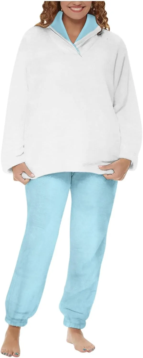2024 Women Flannel Pajama Sets Cozy Warm 2 Piece Lounge Set Long Sleeve Hooded Tops Soft Pants Sleepwear