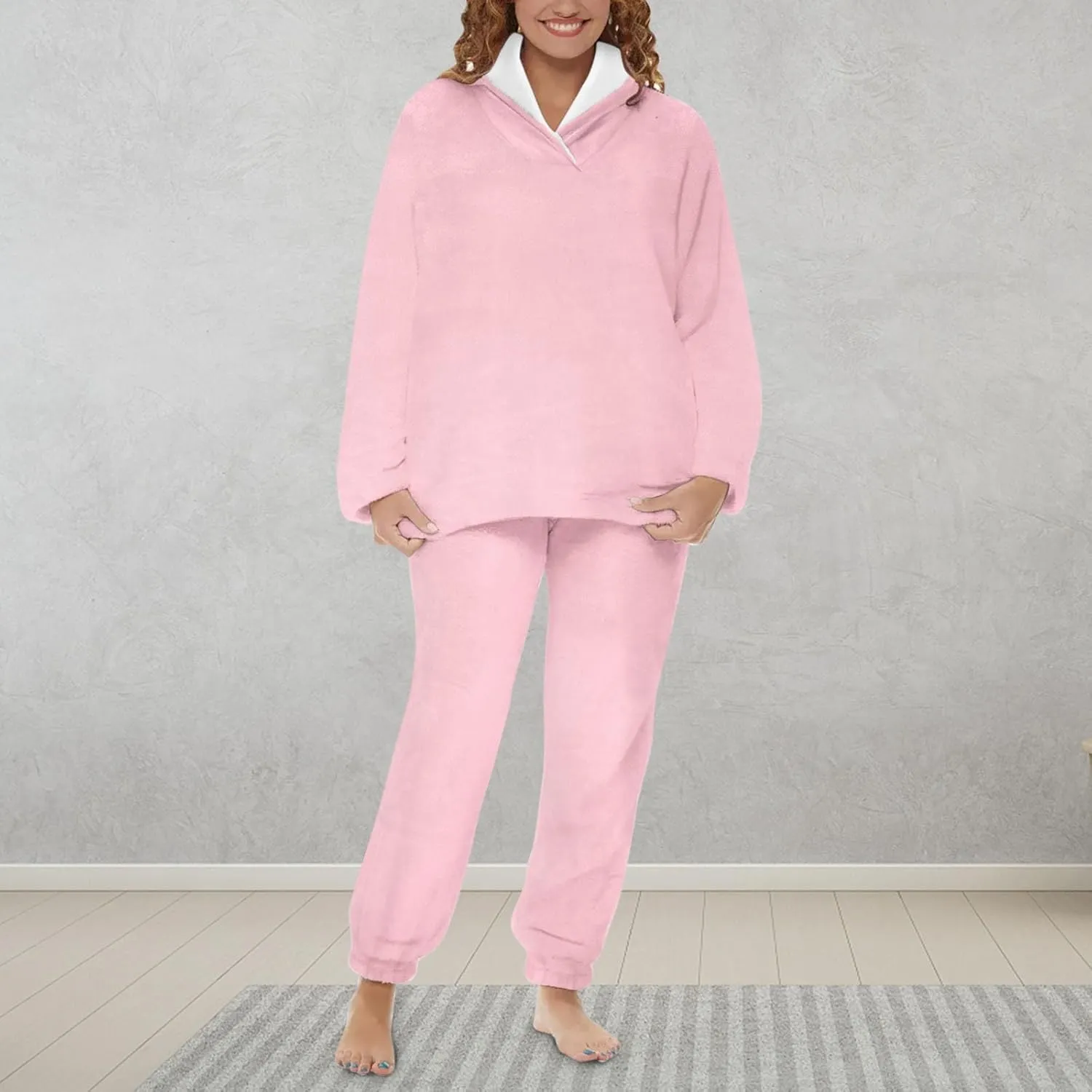 2024 Women Flannel Pajama Sets Cozy Warm 2 Piece Lounge Set Long Sleeve Hooded Tops Soft Pants Sleepwear