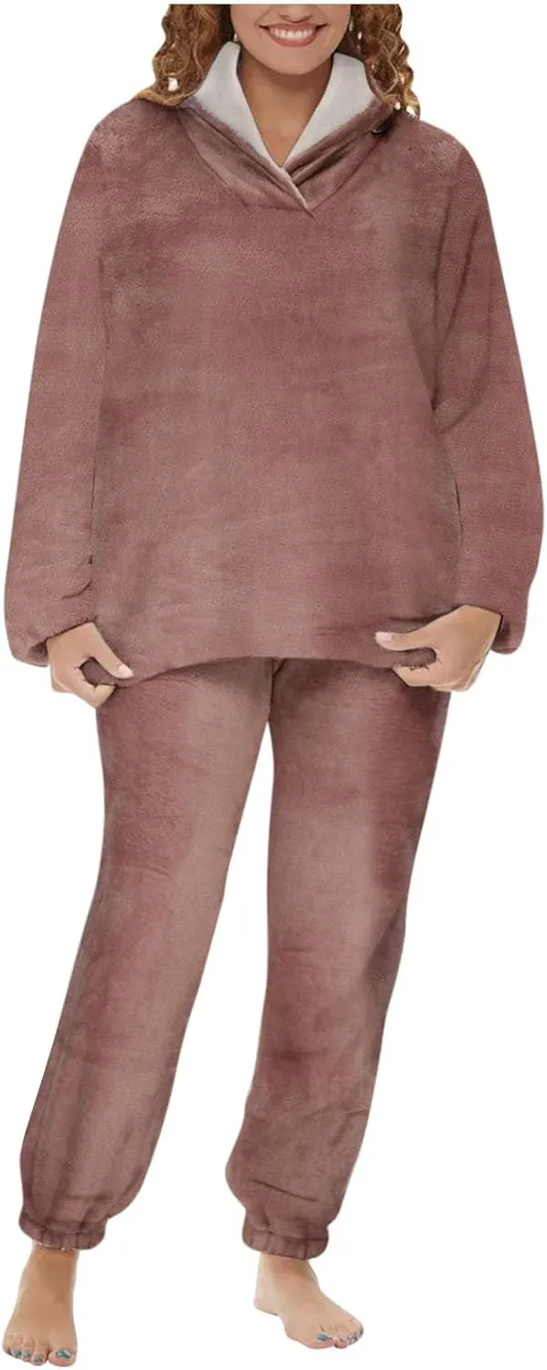 2024 Women Flannel Pajama Sets Cozy Warm 2 Piece Lounge Set Long Sleeve Hooded Tops Soft Pants Sleepwear