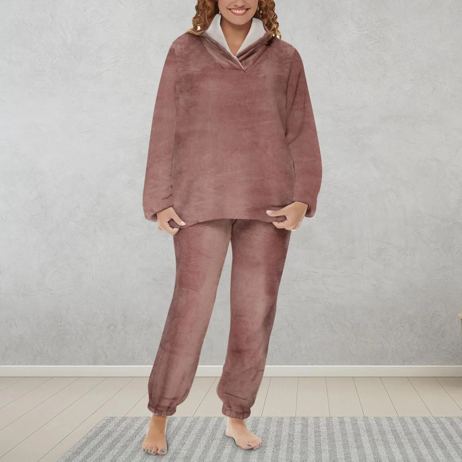 2024 Women Flannel Pajama Sets Cozy Warm 2 Piece Lounge Set Long Sleeve Hooded Tops Soft Pants Sleepwear