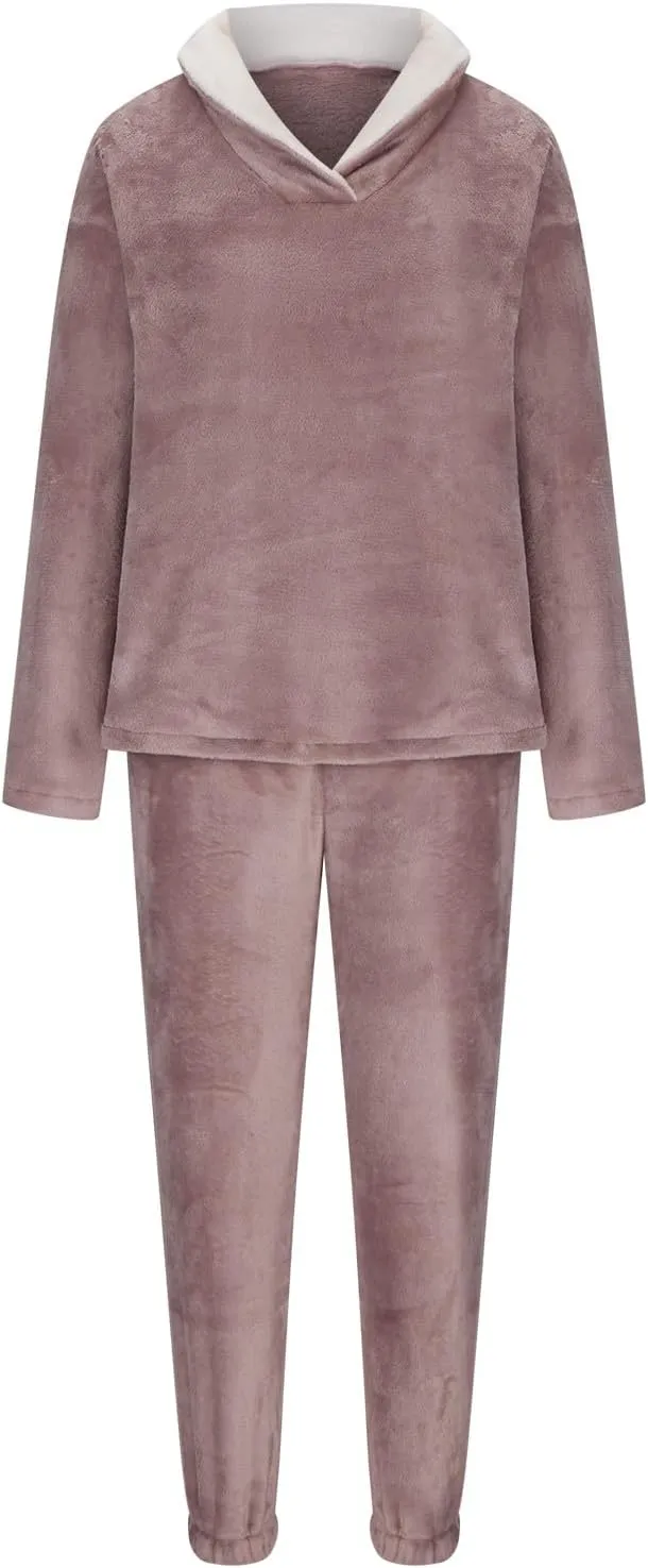2024 Women Flannel Pajama Sets Cozy Warm 2 Piece Lounge Set Long Sleeve Hooded Tops Soft Pants Sleepwear
