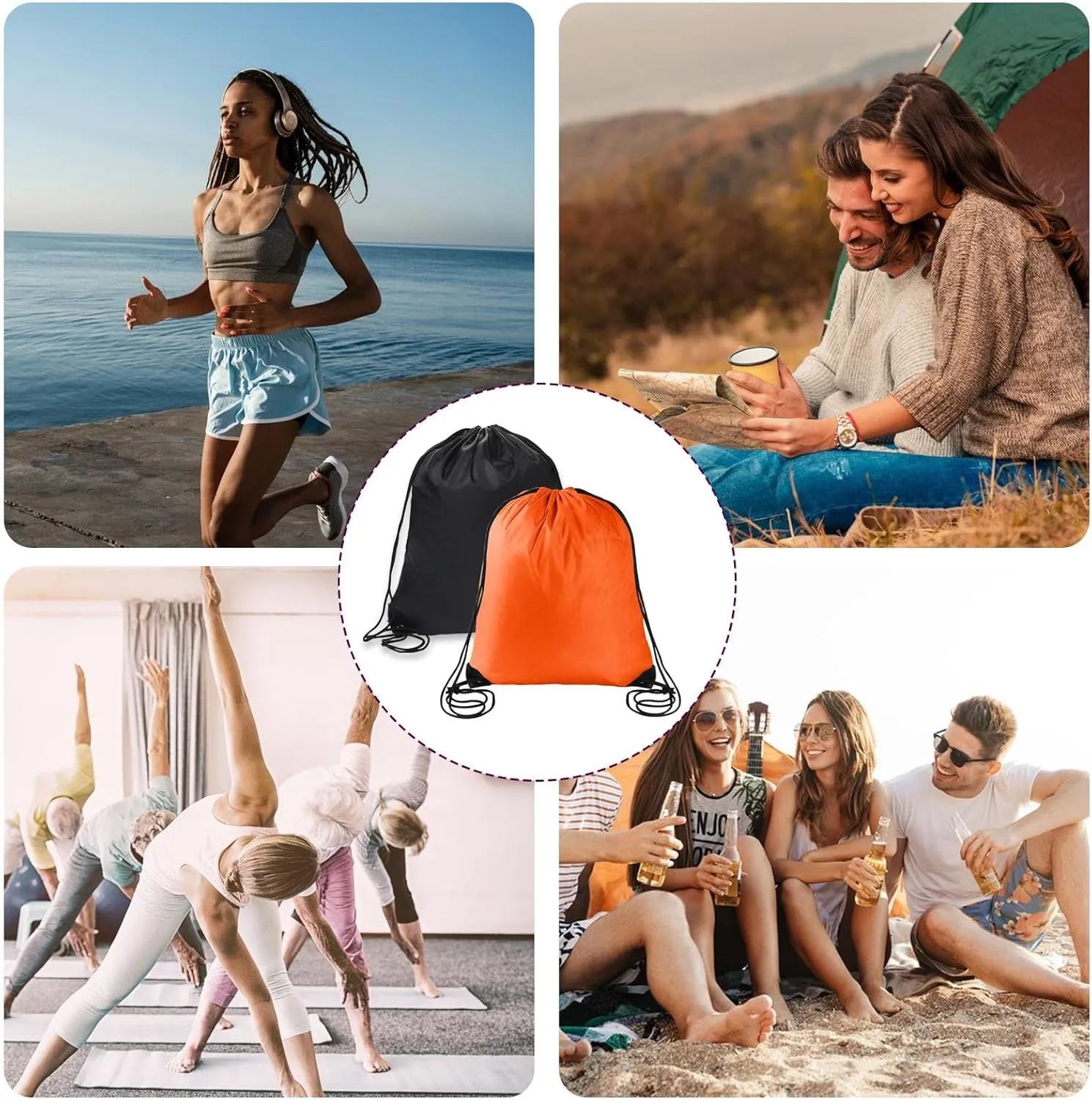 2PCS Drawstring Bags PE Bags Drawstring Gym Bag Black Orange Draw String Bags Drawstring Backpack for Sports, Gym, Travel, Swimming, Beach