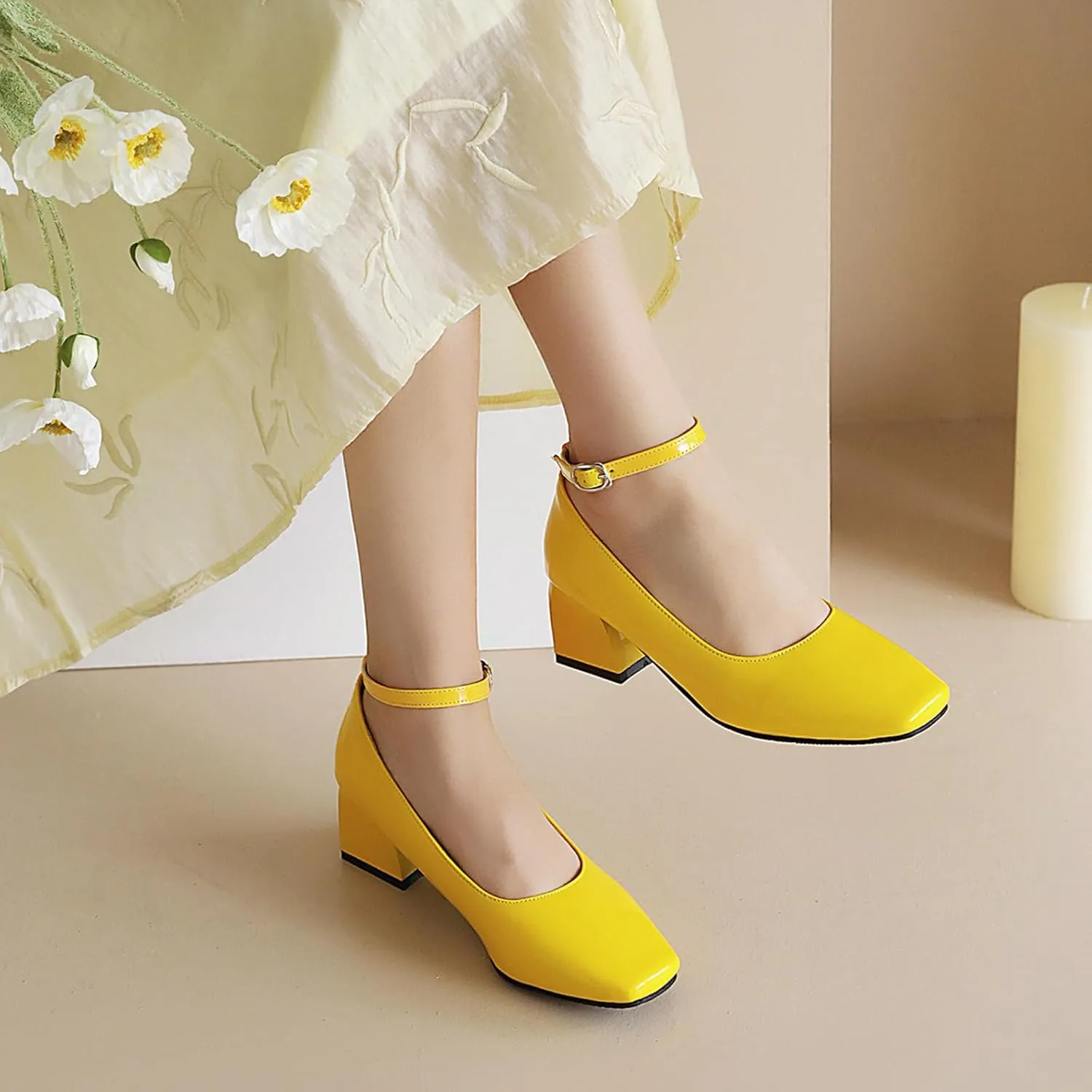 Aceptolcom Women's Mary Jane Pumps Dress Shoes,Patent Leather Closed Toe Ankle Buckle Low Chunky Heel Pumps Block Heel Shoes Ballet Heels