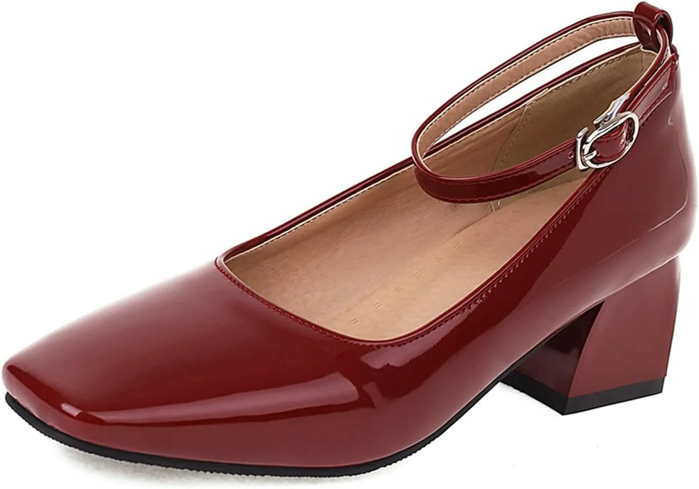 Aceptolcom Women's Mary Jane Pumps Dress Shoes,Patent Leather Closed Toe Ankle Buckle Low Chunky Heel Pumps Block Heel Shoes Ballet Heels