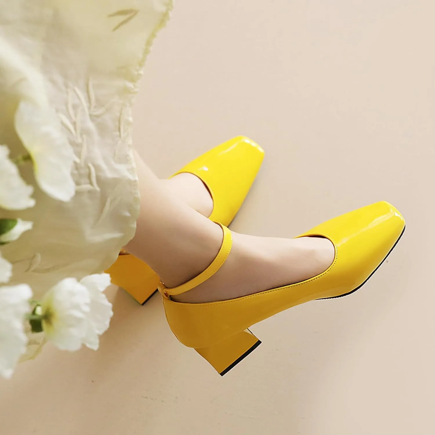 Aceptolcom Women's Mary Jane Pumps Dress Shoes,Patent Leather Closed Toe Ankle Buckle Low Chunky Heel Pumps Block Heel Shoes Ballet Heels
