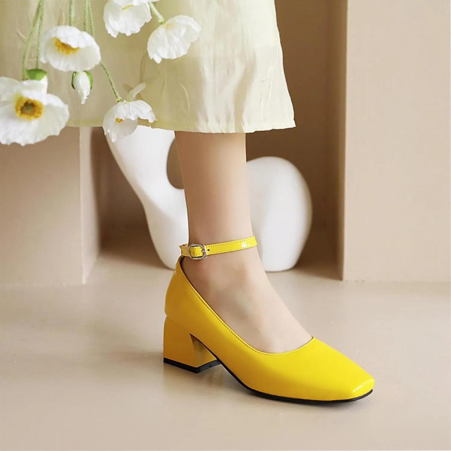 Aceptolcom Women's Mary Jane Pumps Dress Shoes,Patent Leather Closed Toe Ankle Buckle Low Chunky Heel Pumps Block Heel Shoes Ballet Heels