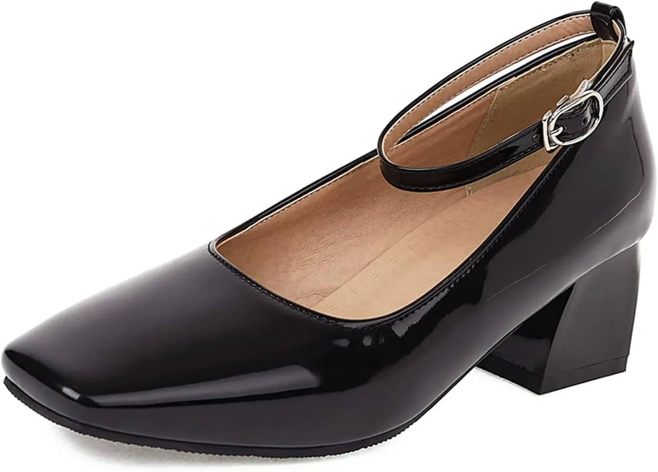 Aceptolcom Women's Mary Jane Pumps Dress Shoes,Patent Leather Closed Toe Ankle Buckle Low Chunky Heel Pumps Block Heel Shoes Ballet Heels
