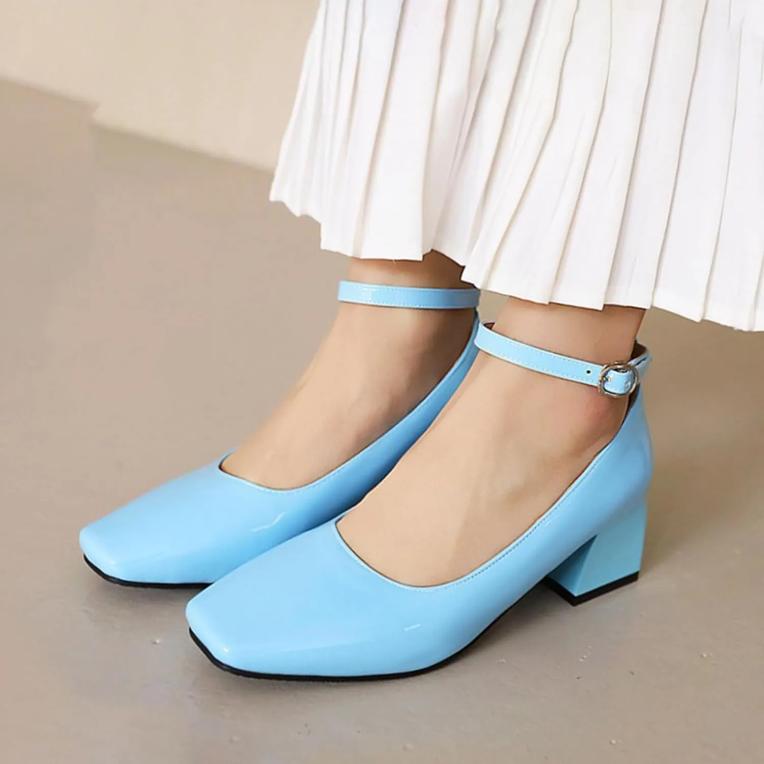 Aceptolcom Women's Mary Jane Pumps Dress Shoes,Patent Leather Closed Toe Ankle Buckle Low Chunky Heel Pumps Block Heel Shoes Ballet Heels