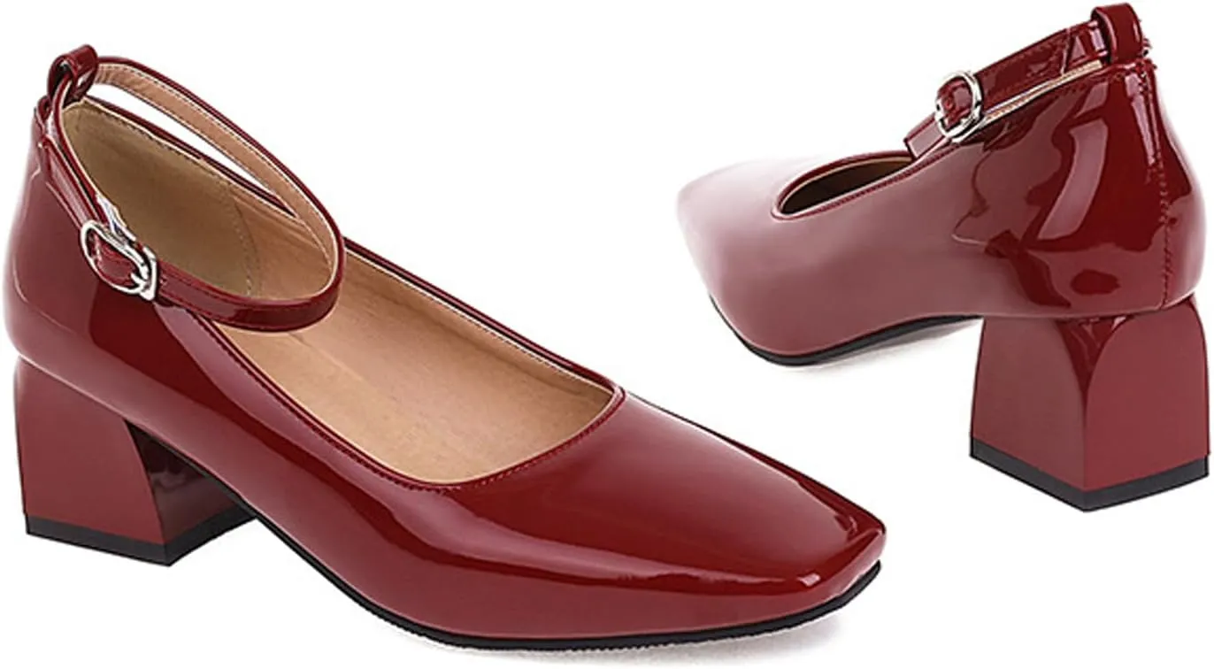 Aceptolcom Women's Mary Jane Pumps Dress Shoes,Patent Leather Closed Toe Ankle Buckle Low Chunky Heel Pumps Block Heel Shoes Ballet Heels
