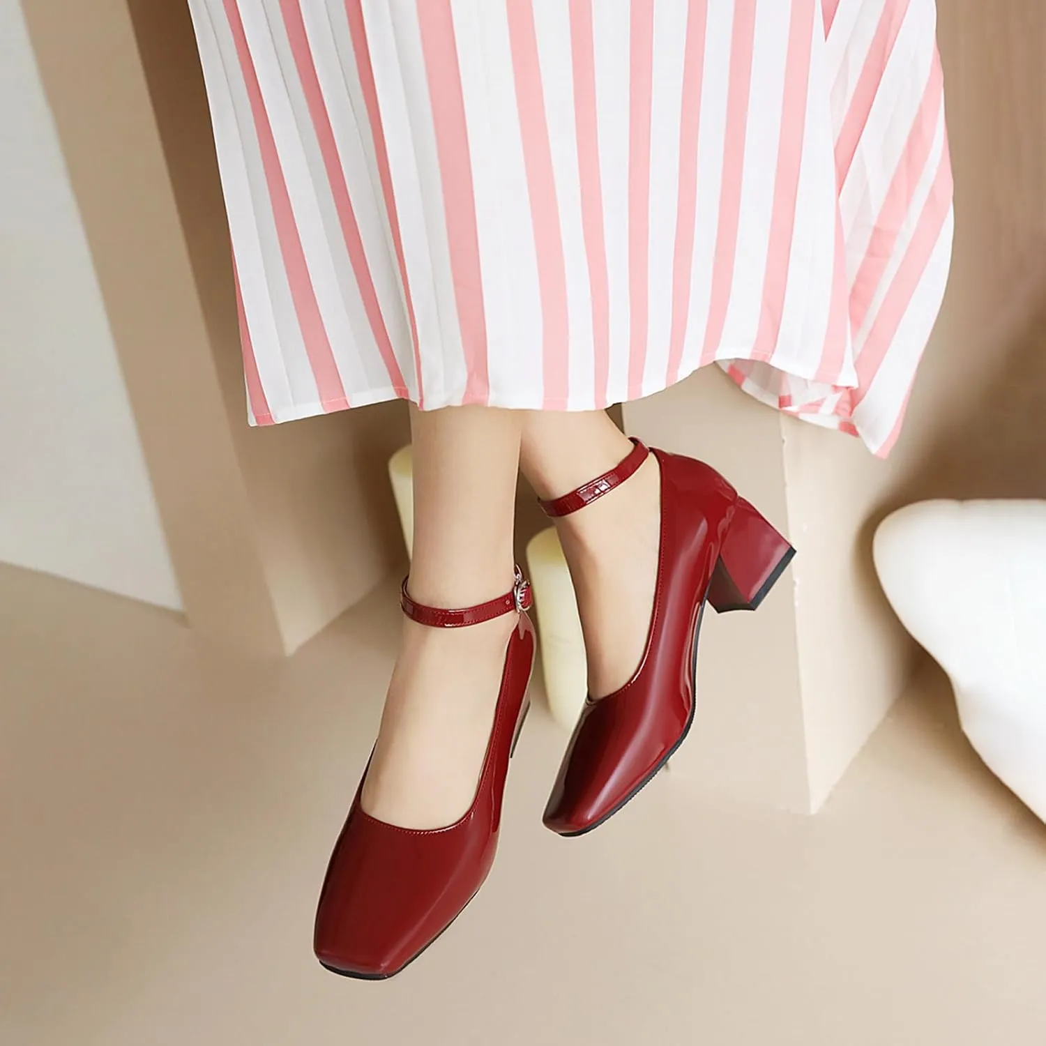 Aceptolcom Women's Mary Jane Pumps Dress Shoes,Patent Leather Closed Toe Ankle Buckle Low Chunky Heel Pumps Block Heel Shoes Ballet Heels