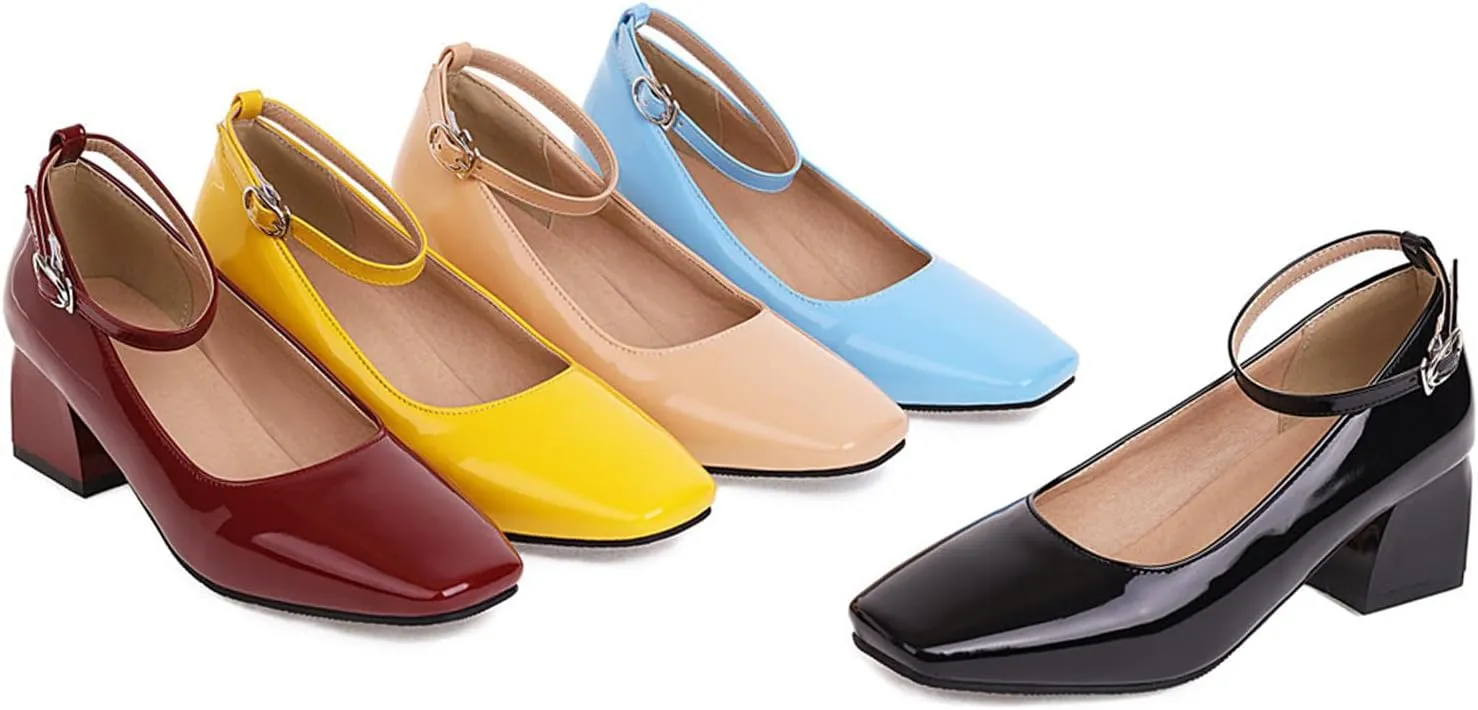 Aceptolcom Women's Mary Jane Pumps Dress Shoes,Patent Leather Closed Toe Ankle Buckle Low Chunky Heel Pumps Block Heel Shoes Ballet Heels