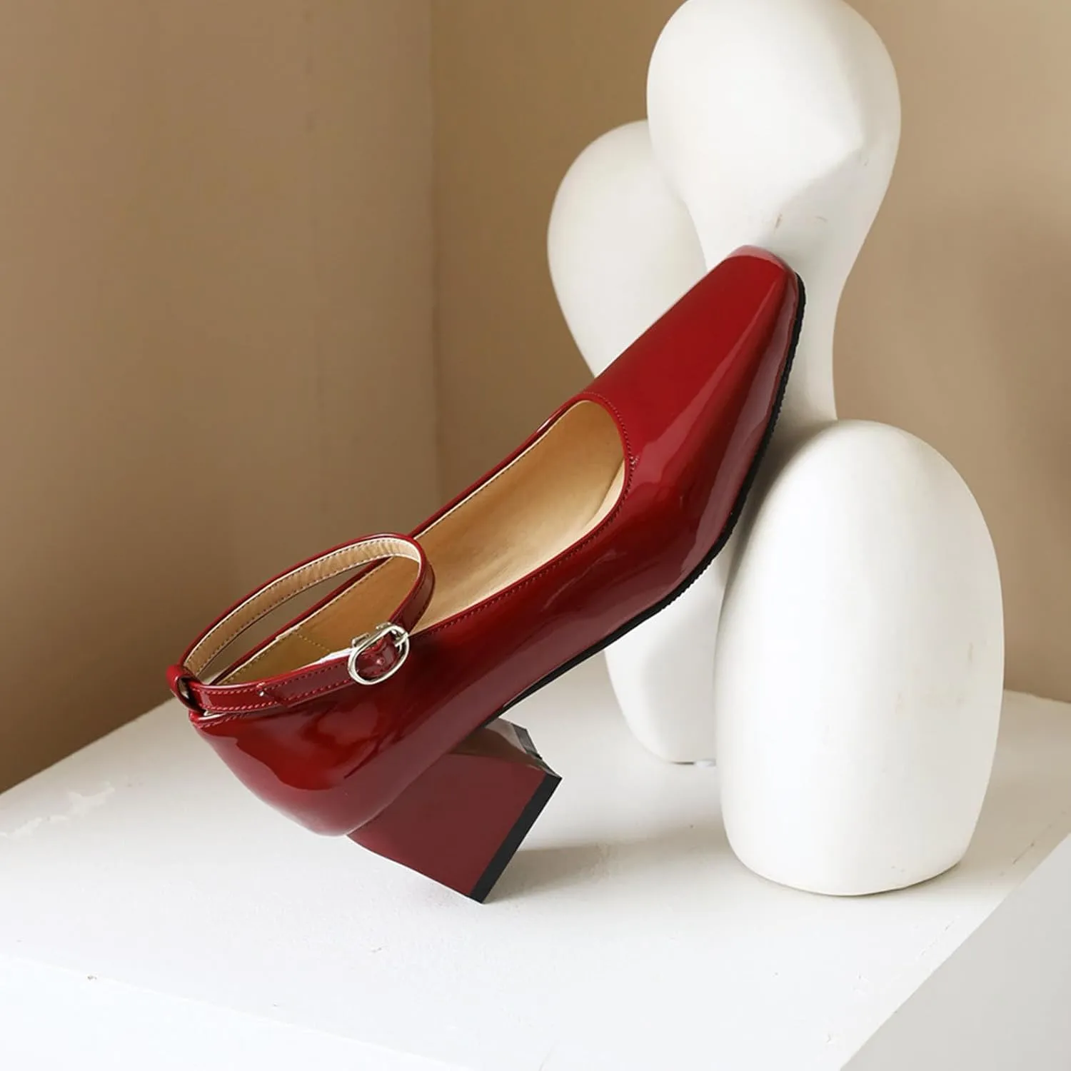 Aceptolcom Women's Mary Jane Pumps Dress Shoes,Patent Leather Closed Toe Ankle Buckle Low Chunky Heel Pumps Block Heel Shoes Ballet Heels