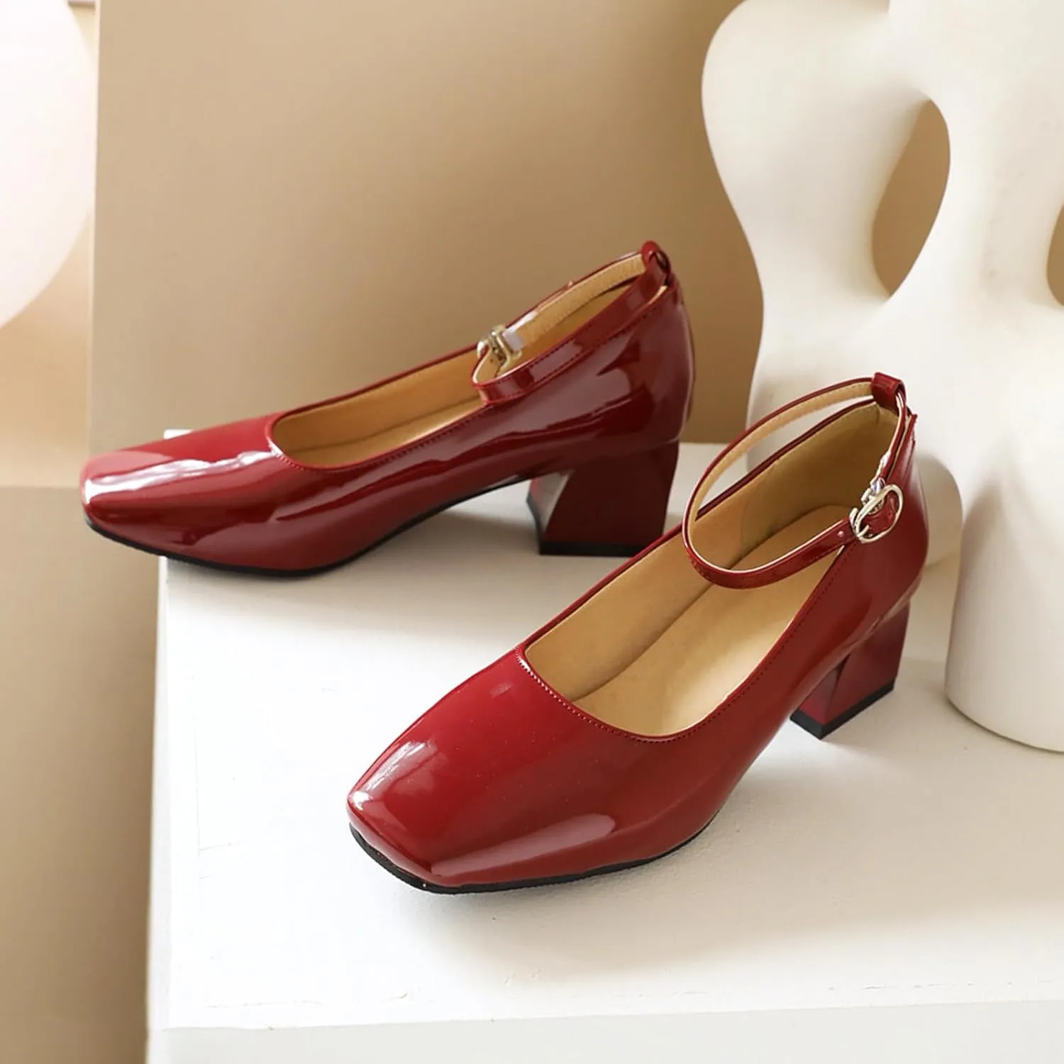 Aceptolcom Women's Mary Jane Pumps Dress Shoes,Patent Leather Closed Toe Ankle Buckle Low Chunky Heel Pumps Block Heel Shoes Ballet Heels