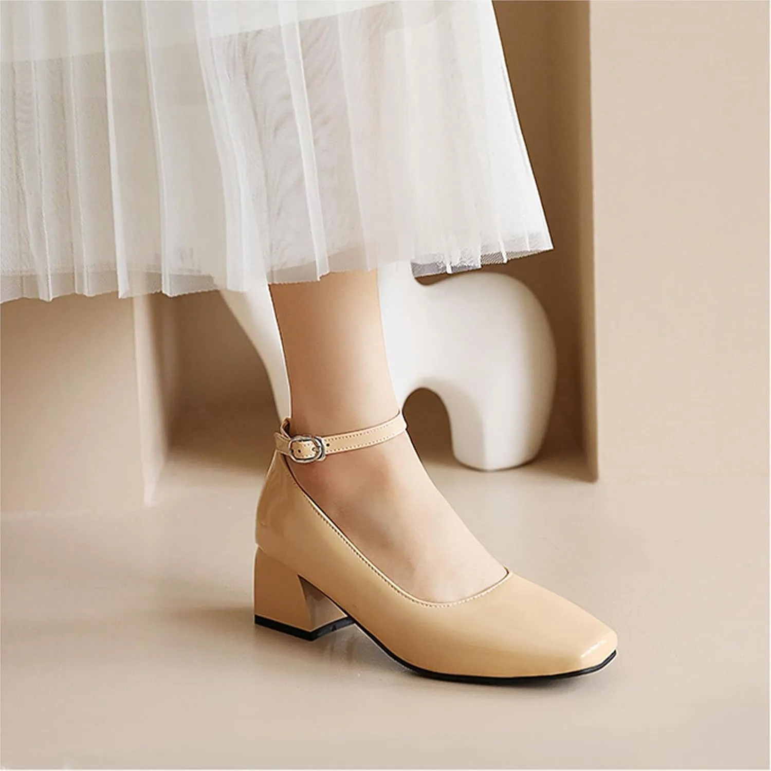 Aceptolcom Women's Mary Jane Pumps Dress Shoes,Patent Leather Closed Toe Ankle Buckle Low Chunky Heel Pumps Block Heel Shoes Ballet Heels