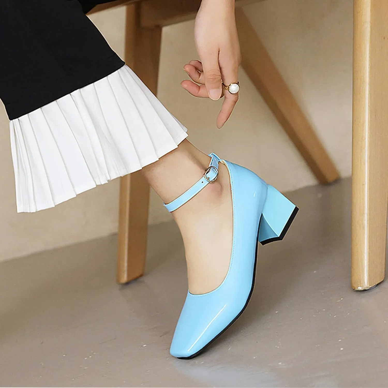 Aceptolcom Women's Mary Jane Pumps Dress Shoes,Patent Leather Closed Toe Ankle Buckle Low Chunky Heel Pumps Block Heel Shoes Ballet Heels