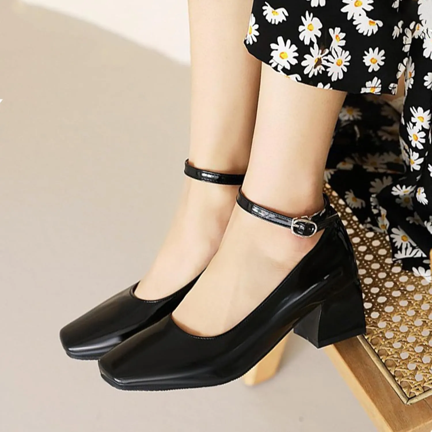 Aceptolcom Women's Mary Jane Pumps Dress Shoes,Patent Leather Closed Toe Ankle Buckle Low Chunky Heel Pumps Block Heel Shoes Ballet Heels