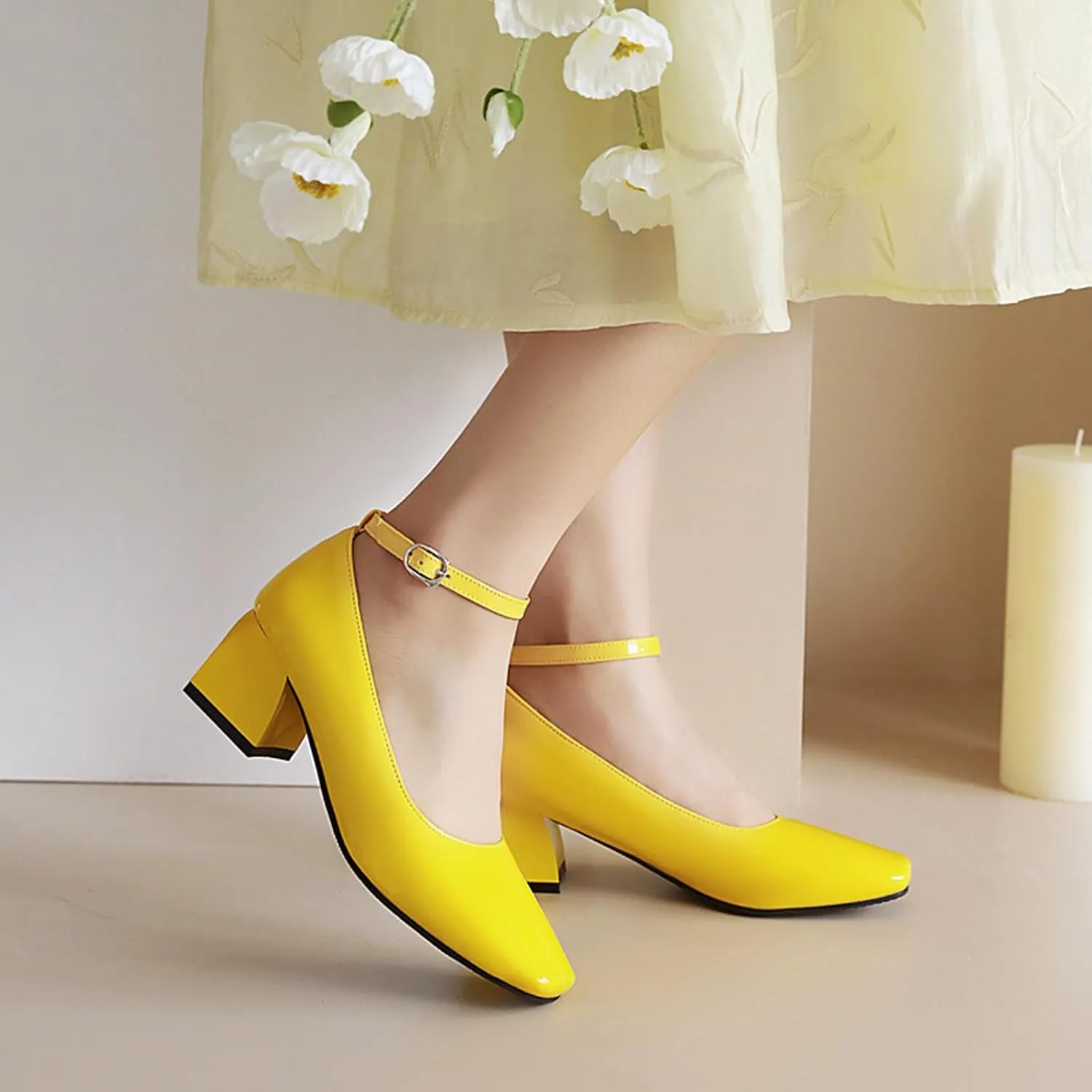 Aceptolcom Women's Mary Jane Pumps Dress Shoes,Patent Leather Closed Toe Ankle Buckle Low Chunky Heel Pumps Block Heel Shoes Ballet Heels