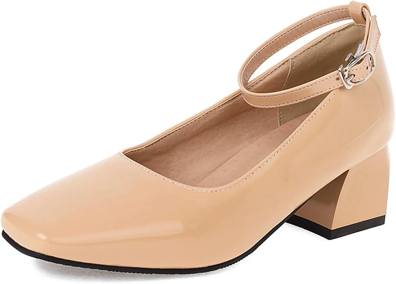 Aceptolcom Women's Mary Jane Pumps Dress Shoes,Patent Leather Closed Toe Ankle Buckle Low Chunky Heel Pumps Block Heel Shoes Ballet Heels