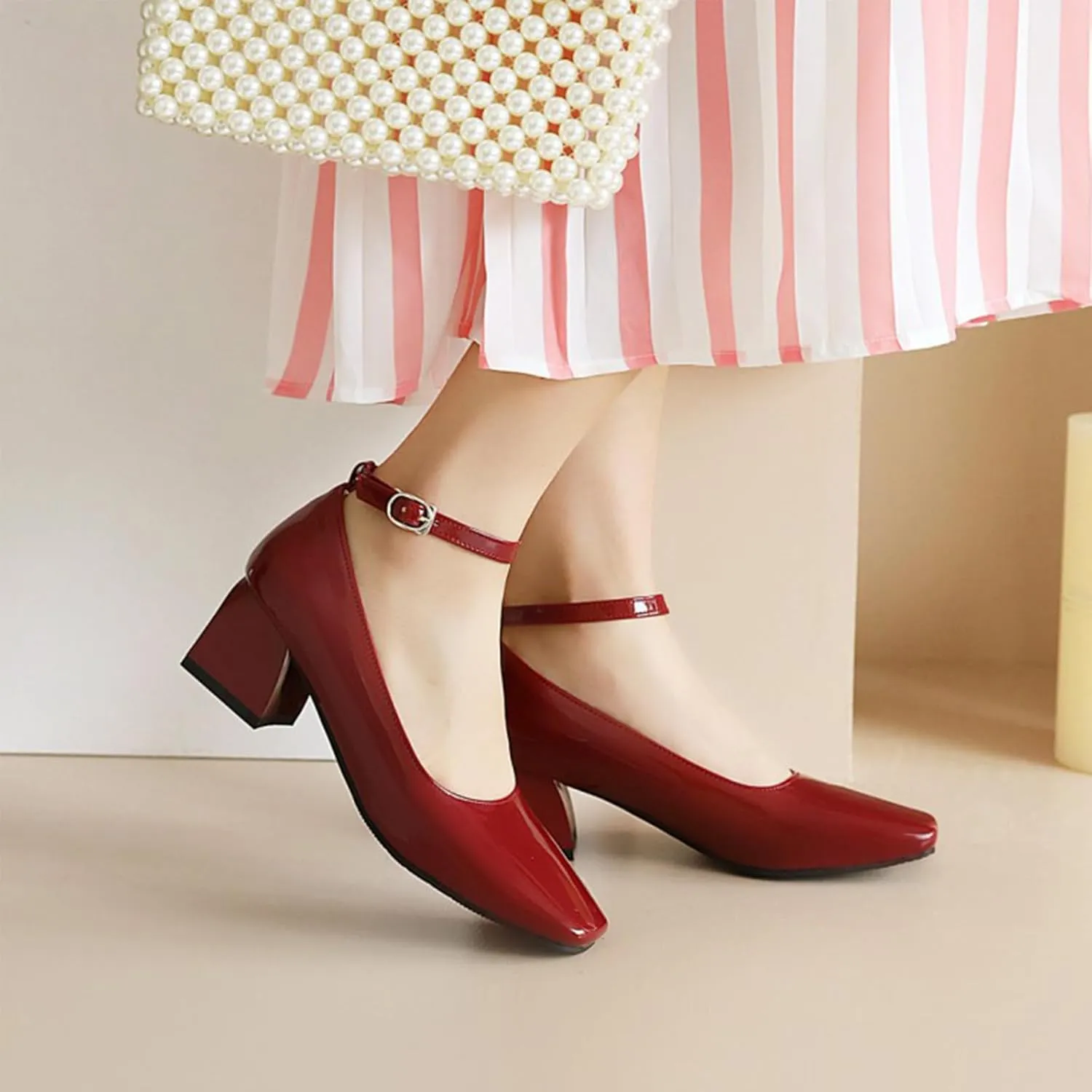 Aceptolcom Women's Mary Jane Pumps Dress Shoes,Patent Leather Closed Toe Ankle Buckle Low Chunky Heel Pumps Block Heel Shoes Ballet Heels