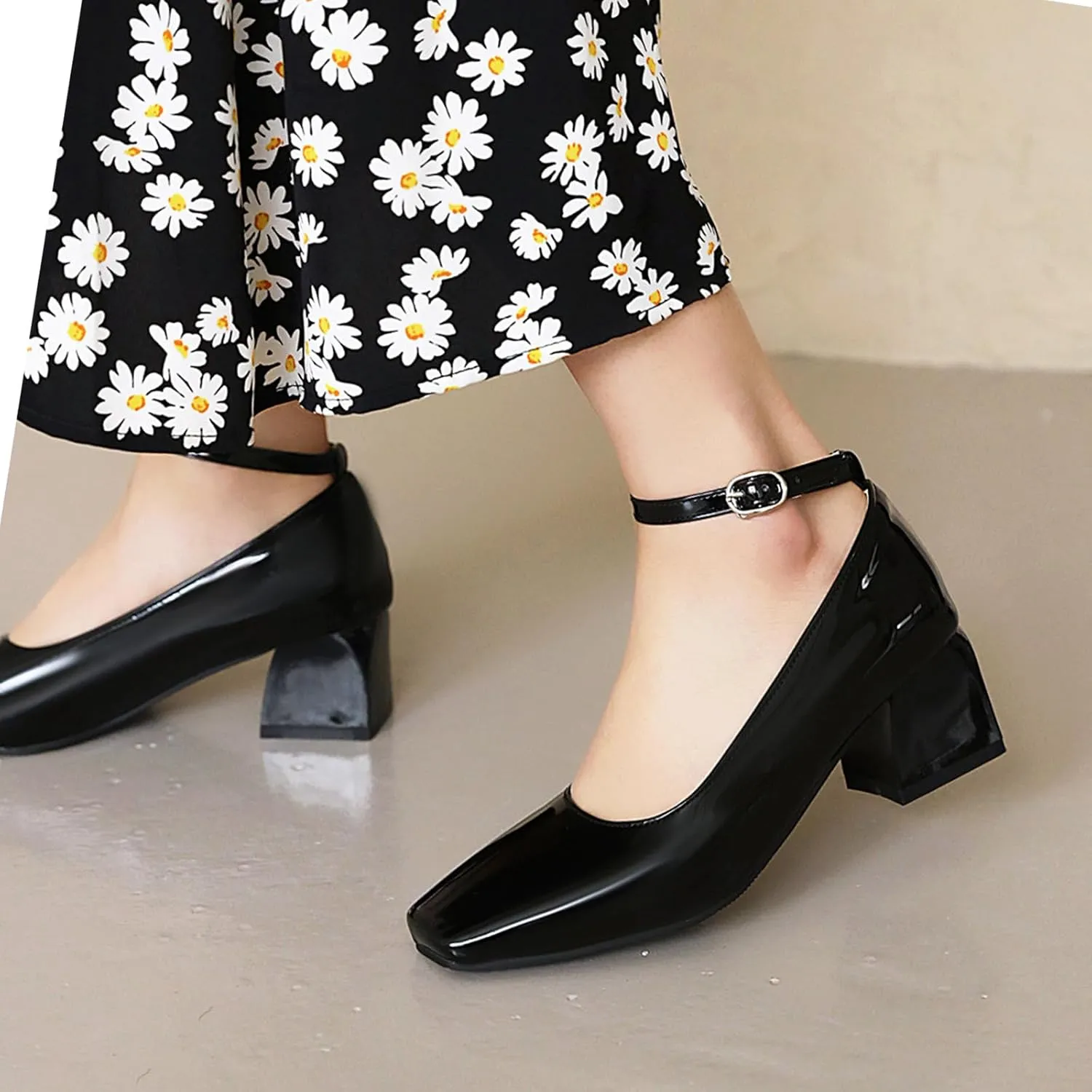 Aceptolcom Women's Mary Jane Pumps Dress Shoes,Patent Leather Closed Toe Ankle Buckle Low Chunky Heel Pumps Block Heel Shoes Ballet Heels