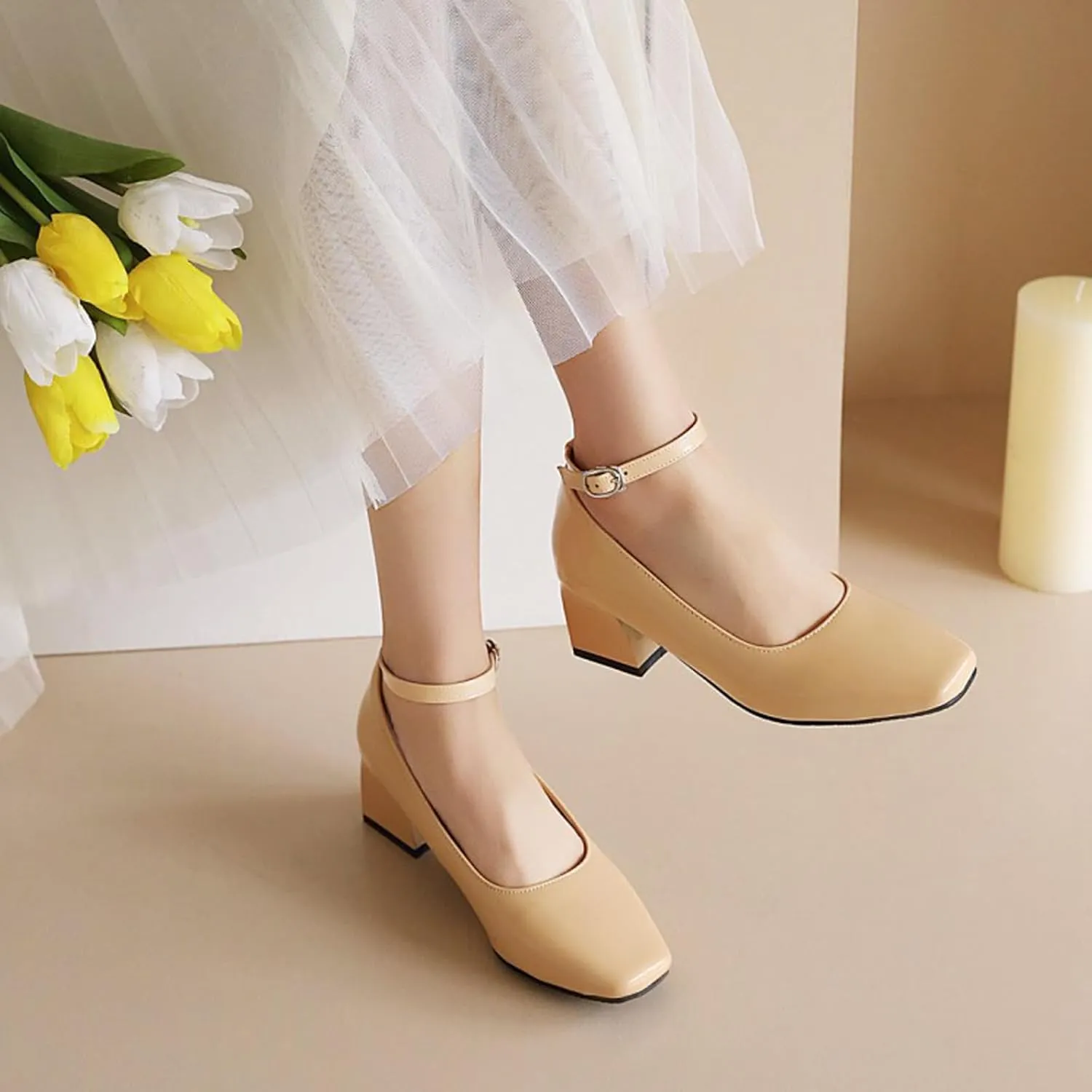 Aceptolcom Women's Mary Jane Pumps Dress Shoes,Patent Leather Closed Toe Ankle Buckle Low Chunky Heel Pumps Block Heel Shoes Ballet Heels