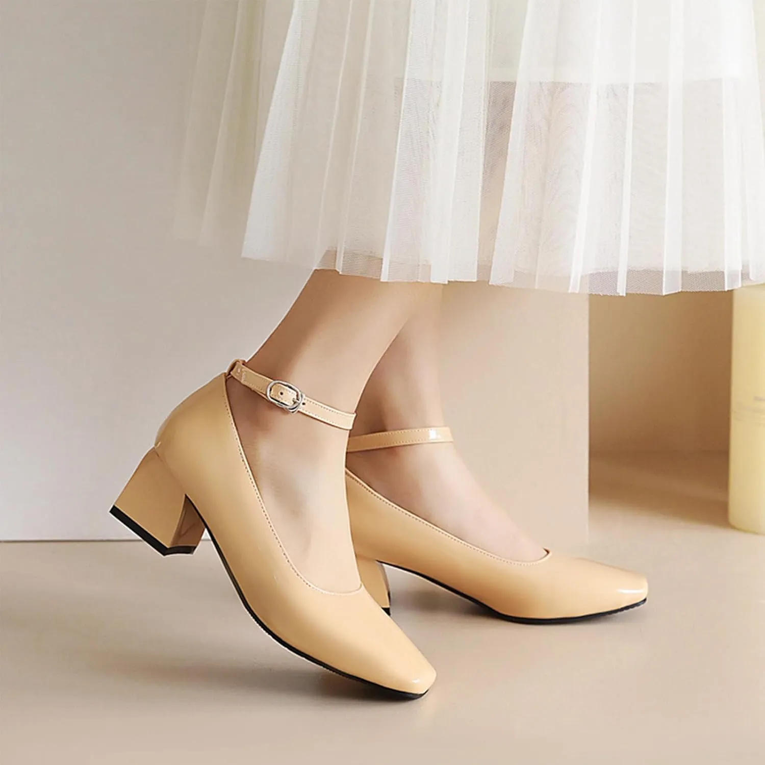 Aceptolcom Women's Mary Jane Pumps Dress Shoes,Patent Leather Closed Toe Ankle Buckle Low Chunky Heel Pumps Block Heel Shoes Ballet Heels