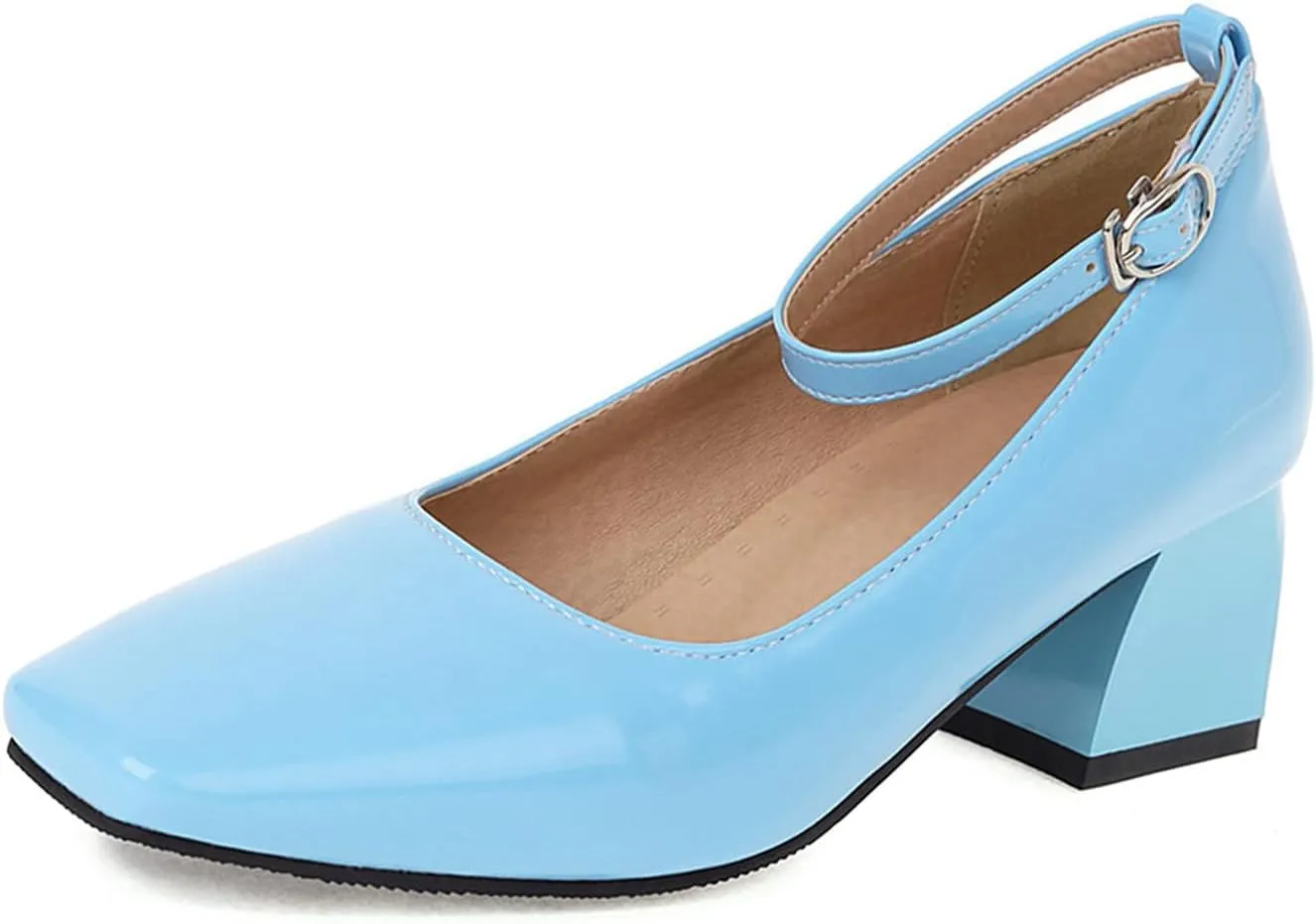 Aceptolcom Women's Mary Jane Pumps Dress Shoes,Patent Leather Closed Toe Ankle Buckle Low Chunky Heel Pumps Block Heel Shoes Ballet Heels
