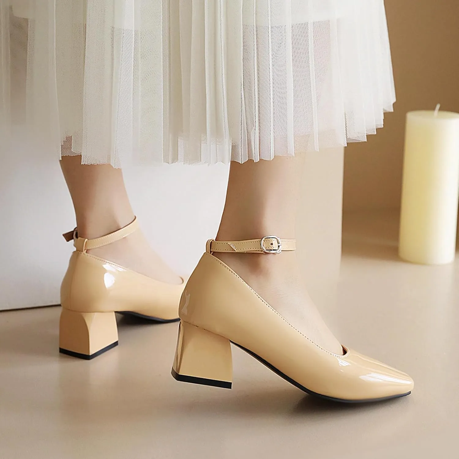 Aceptolcom Women's Mary Jane Pumps Dress Shoes,Patent Leather Closed Toe Ankle Buckle Low Chunky Heel Pumps Block Heel Shoes Ballet Heels
