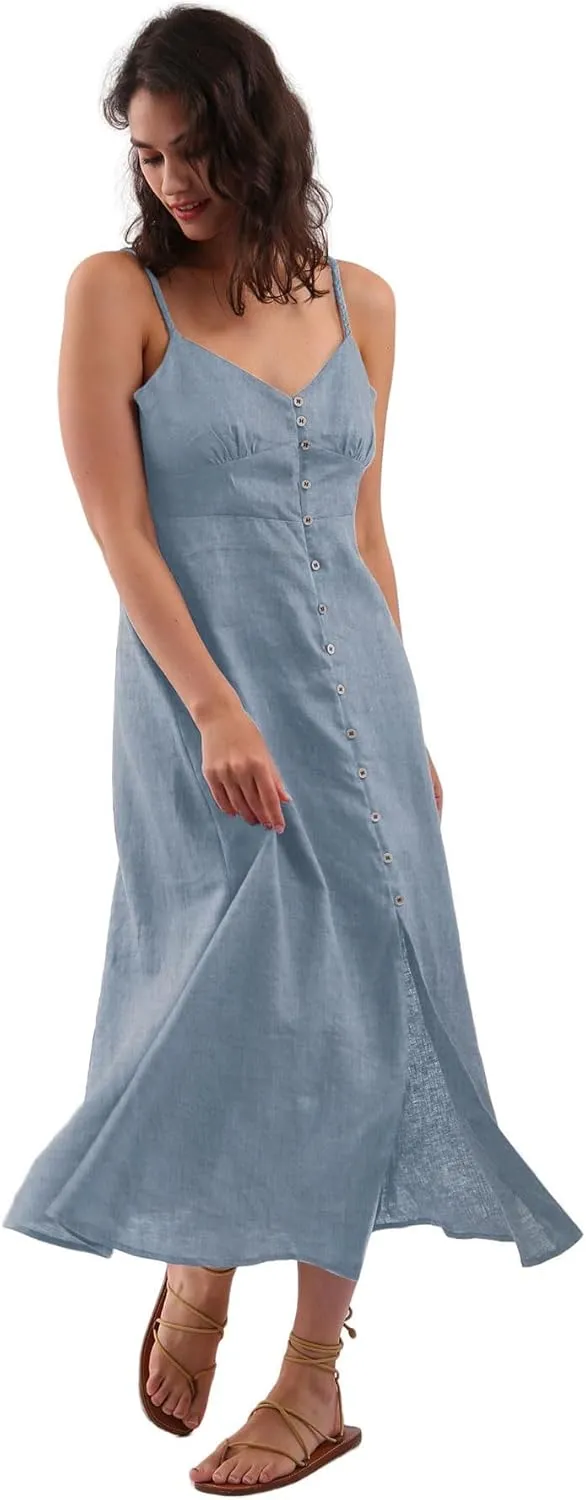 Amazhiyu Womens 100% Linen Summer Spaghetti Strap Button Down Midi Dress Casual Denim, Medium