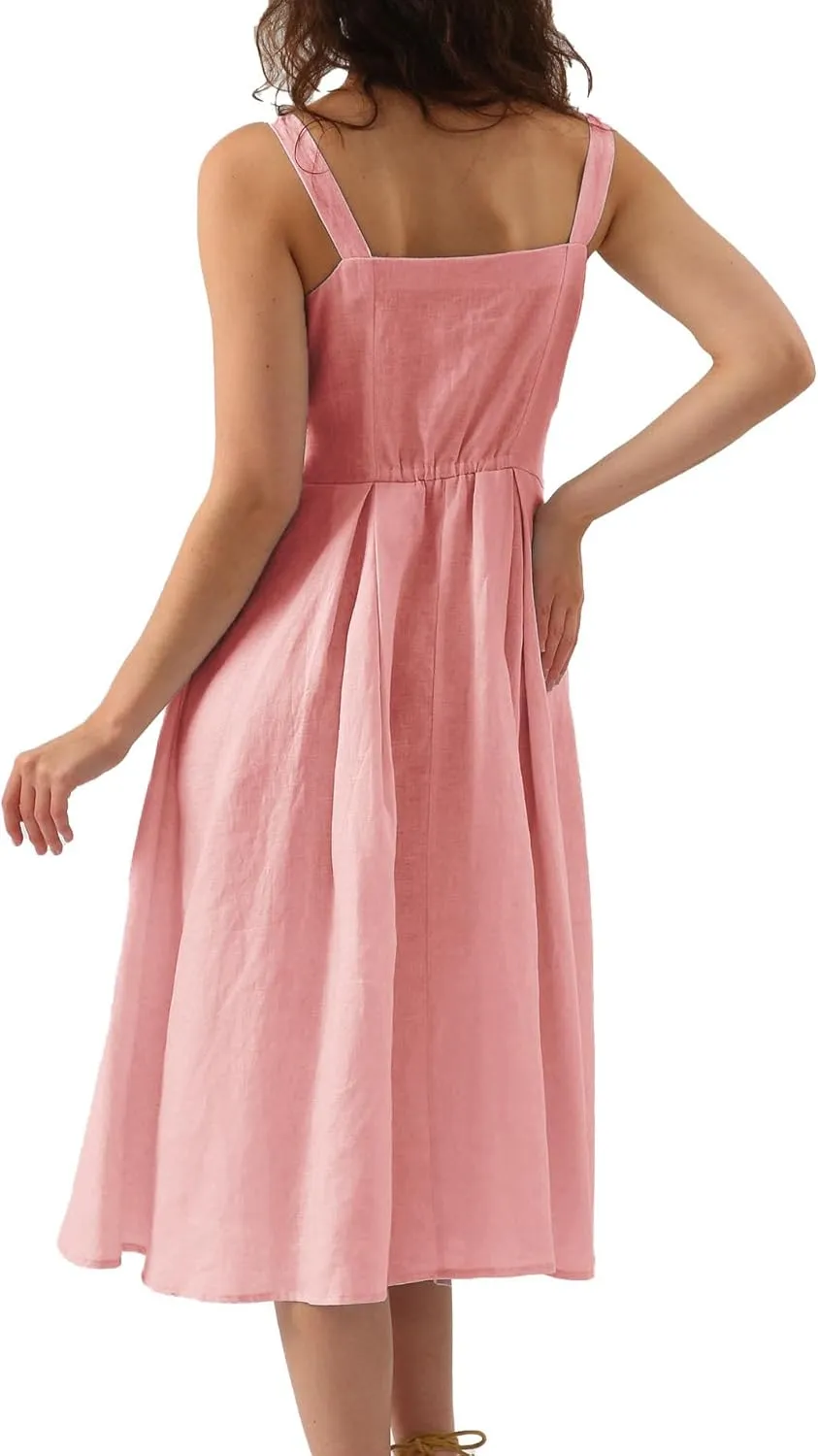 Amazhiyu Womens Pure Linen Summer Sleeveless Swing V Neck A Line Beach Midi Dress