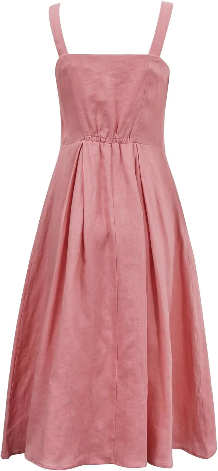 Amazhiyu Womens Pure Linen Summer Sleeveless Swing V Neck A Line Beach Midi Dress