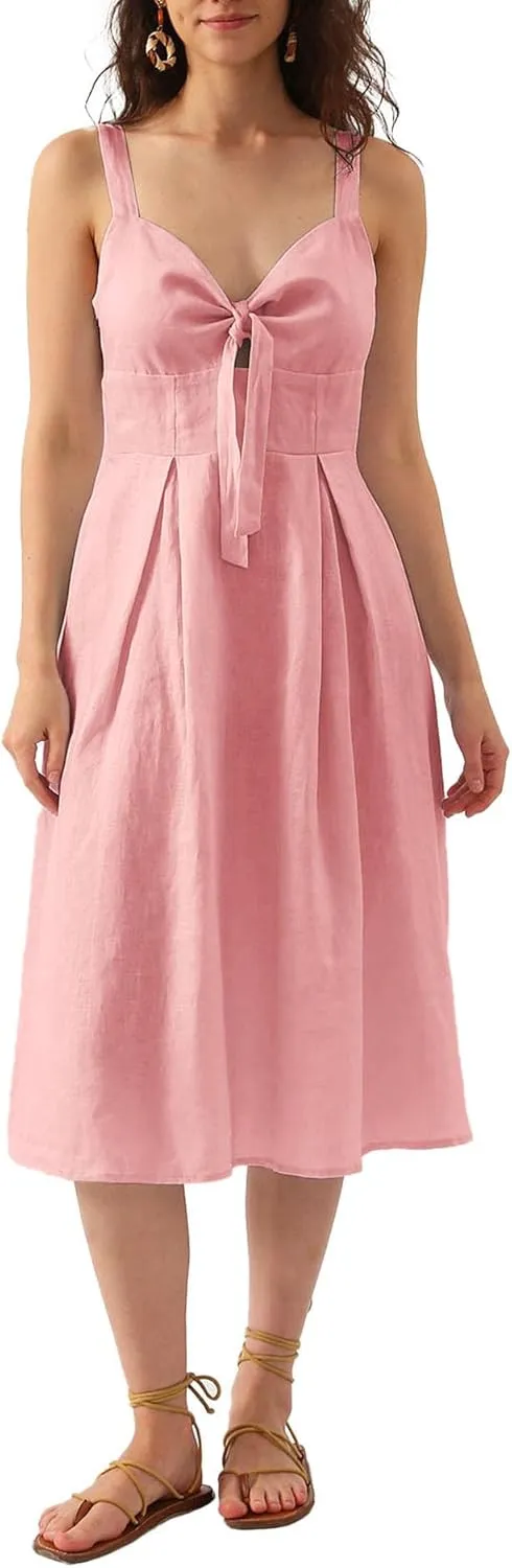 Amazhiyu Womens Pure Linen Summer Sleeveless Swing V Neck A Line Beach Midi Dress