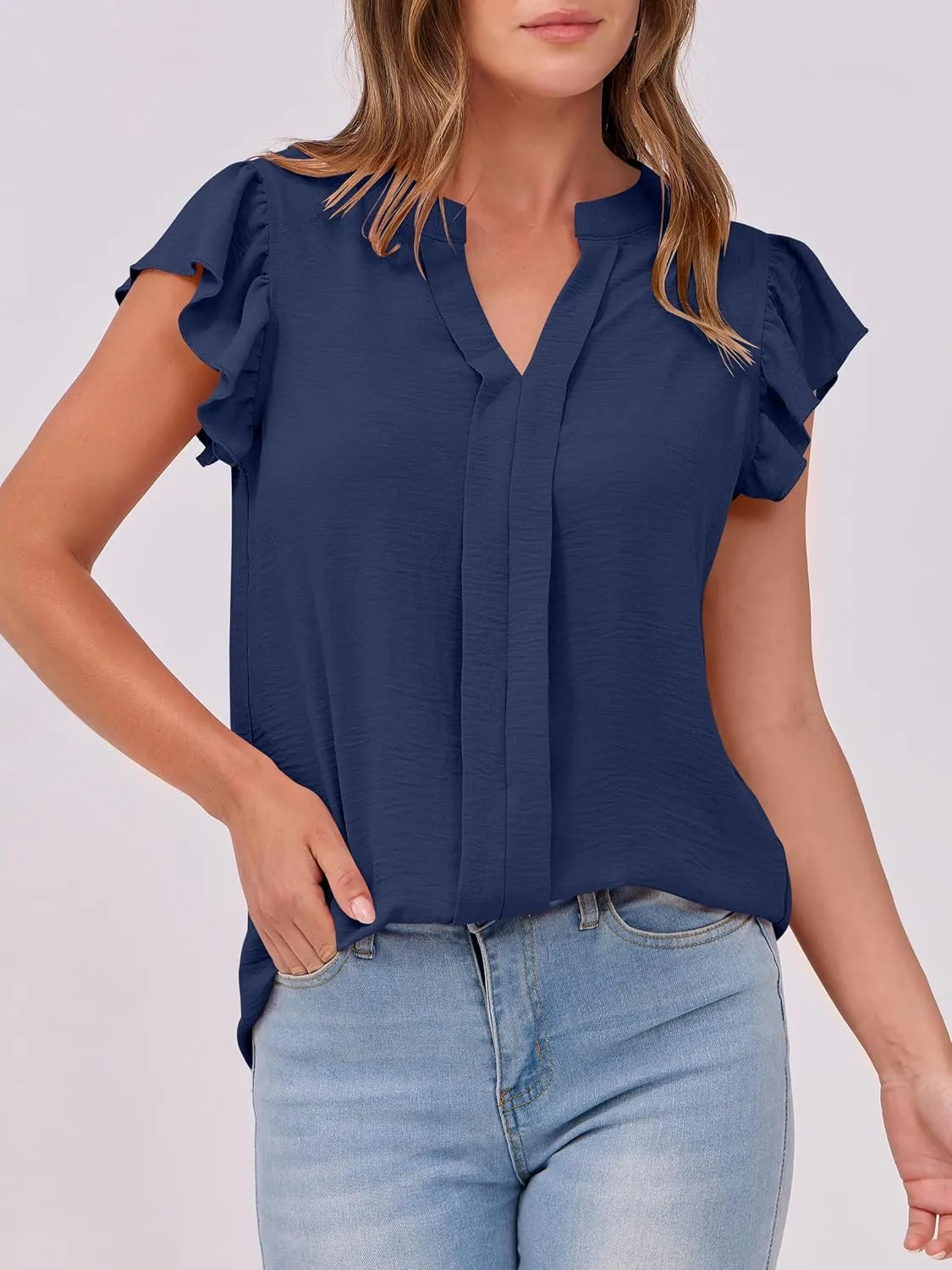 ANRABESS Women Dressy Casual Blouse Ruffle Sleeve V Neck Textured Shirts 2025 Summer Business Work Tops